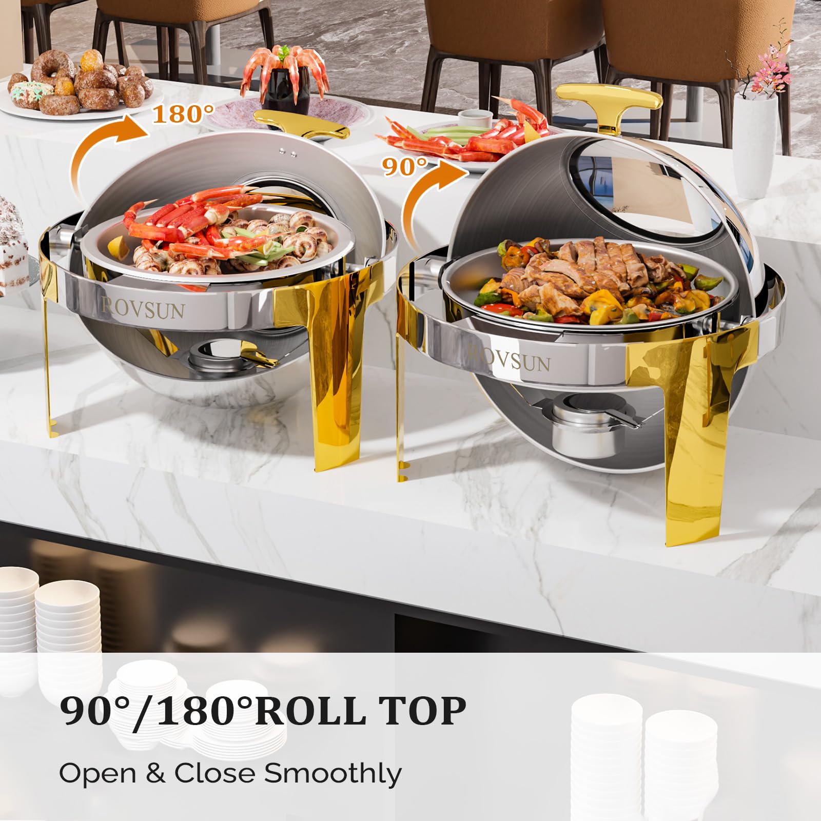 ROVSUN 6 QT Roll Top Round Silver Gold Chafing Dish Buffet Set with Visible Window