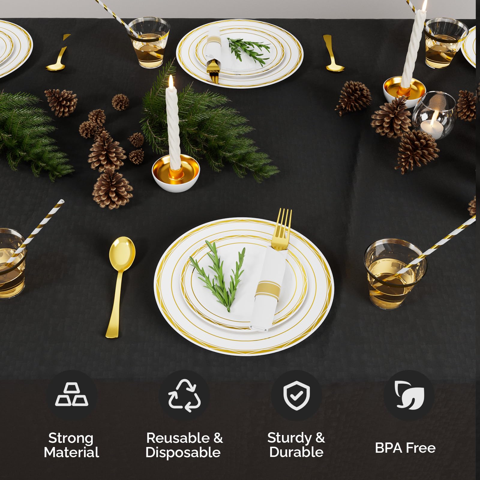 ROVSUN 400 Pieces Pre Rolled Napkins Gold Disposable Plastic Dinnerware Set for 50 Guests