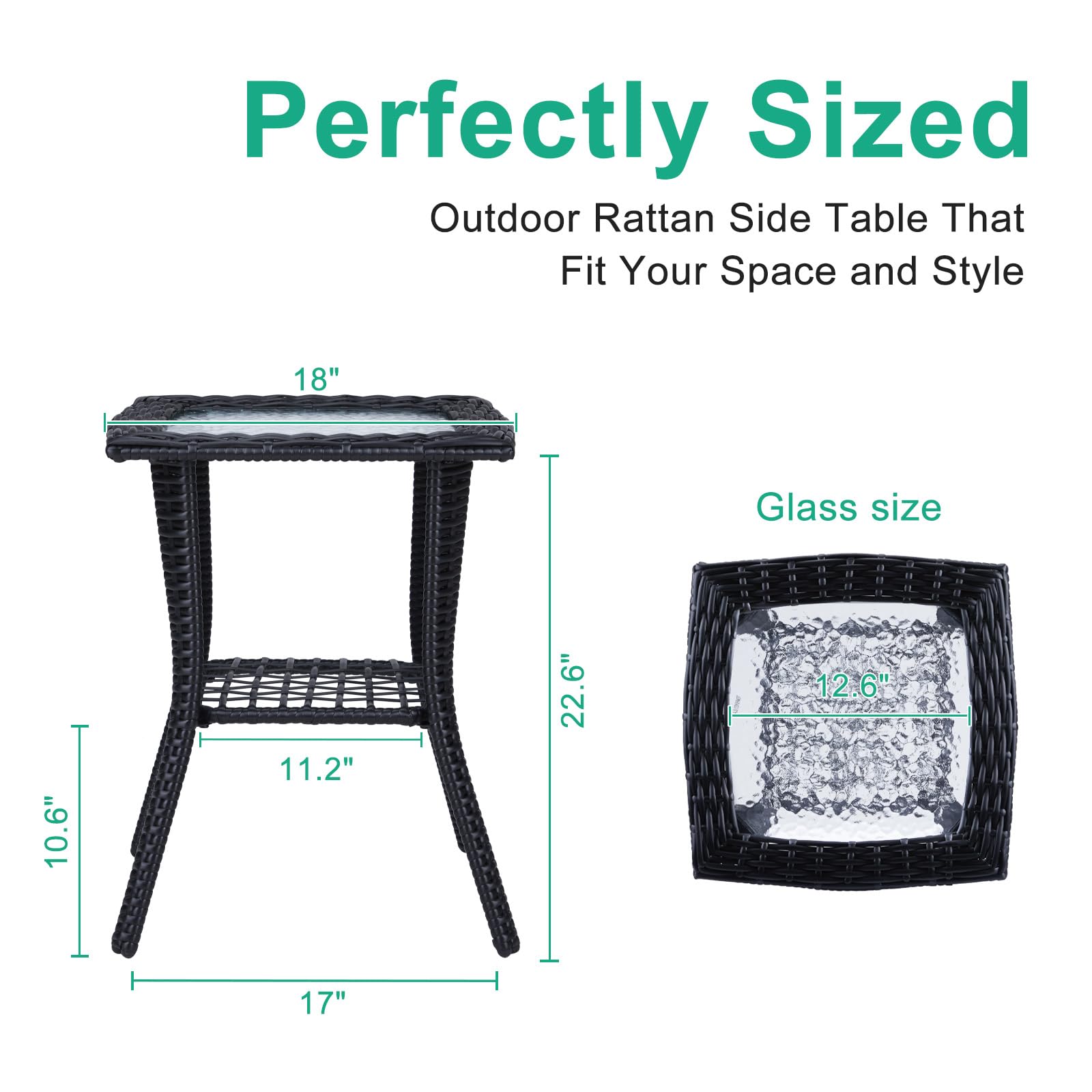 Outdoor Wicker Side Table with Tempered Glass Top Black