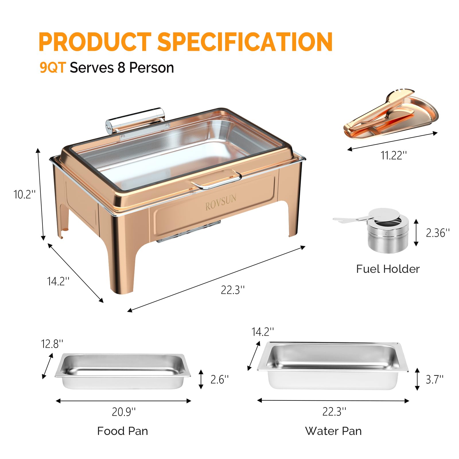 ROVSUN 9 QT Rectangular Rose Gold Chafing Dish Buffet Set with Serving Tong