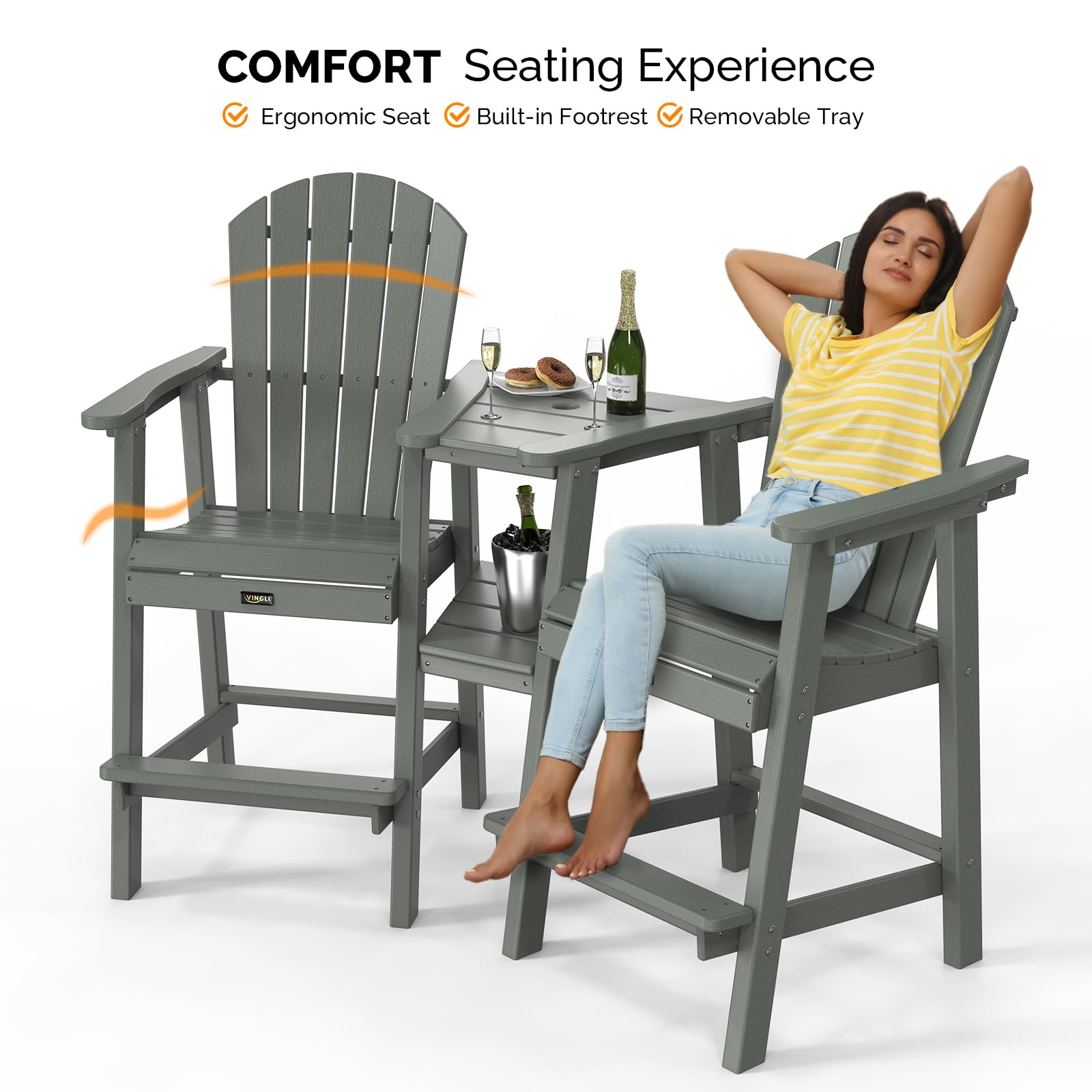 HDPE Adirondack Bar Stool Set with Detachable Tray Grey