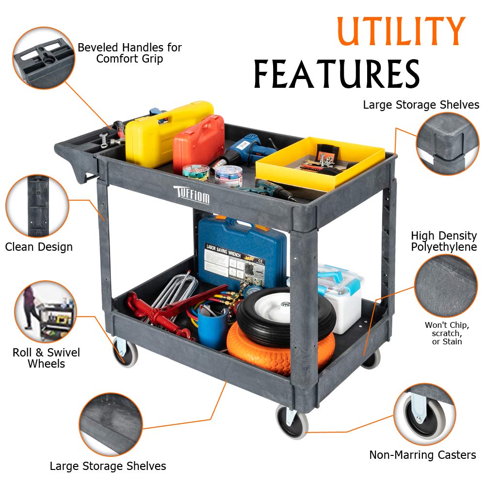 2-Tier 47" x 26" 550 lb. Capacity Plastic Utility Cart with Wheels Grey