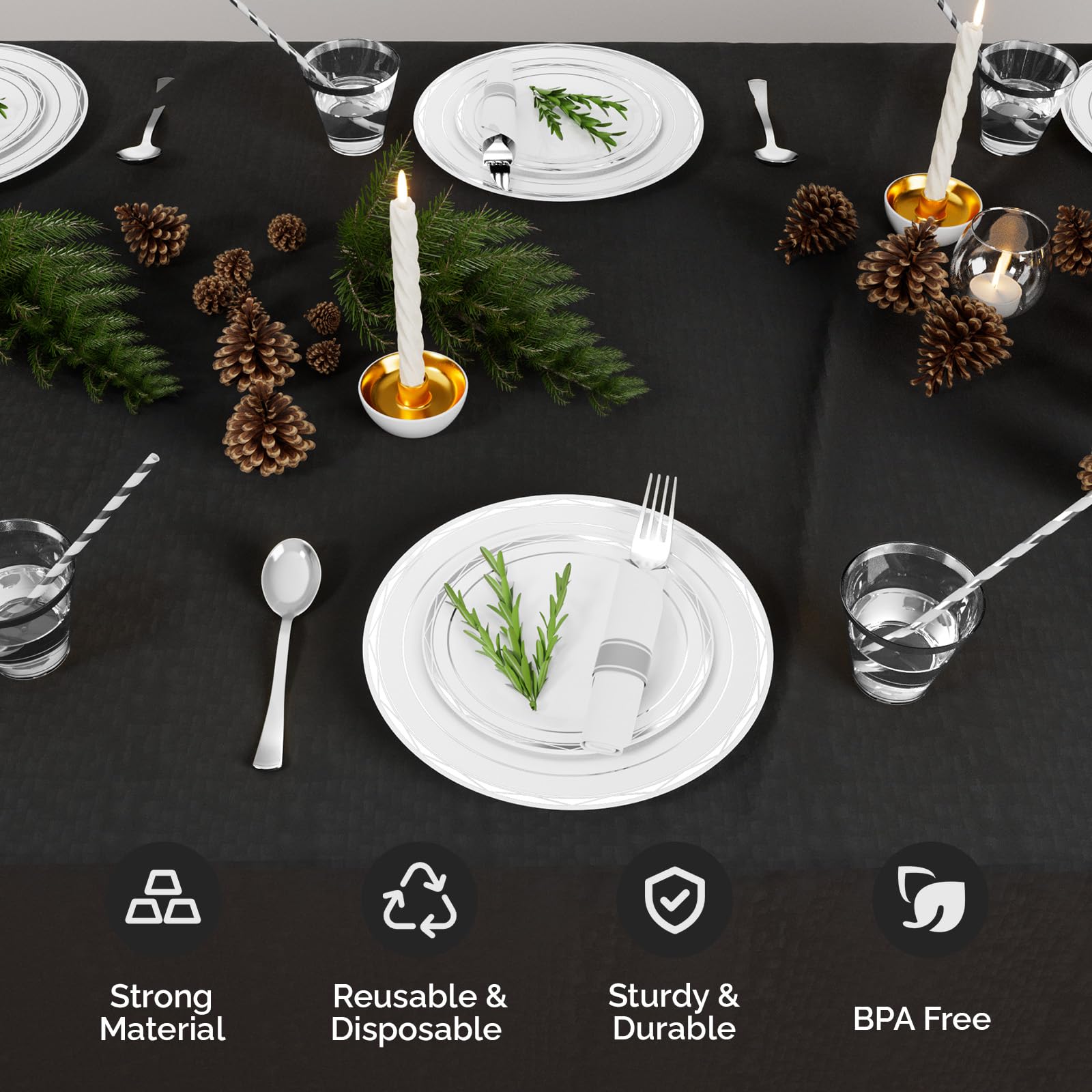 ROVSUN 240 Pieces Pre Rolled Napkins Silver Disposable Plastic Dinnerware Set for 30 Guests