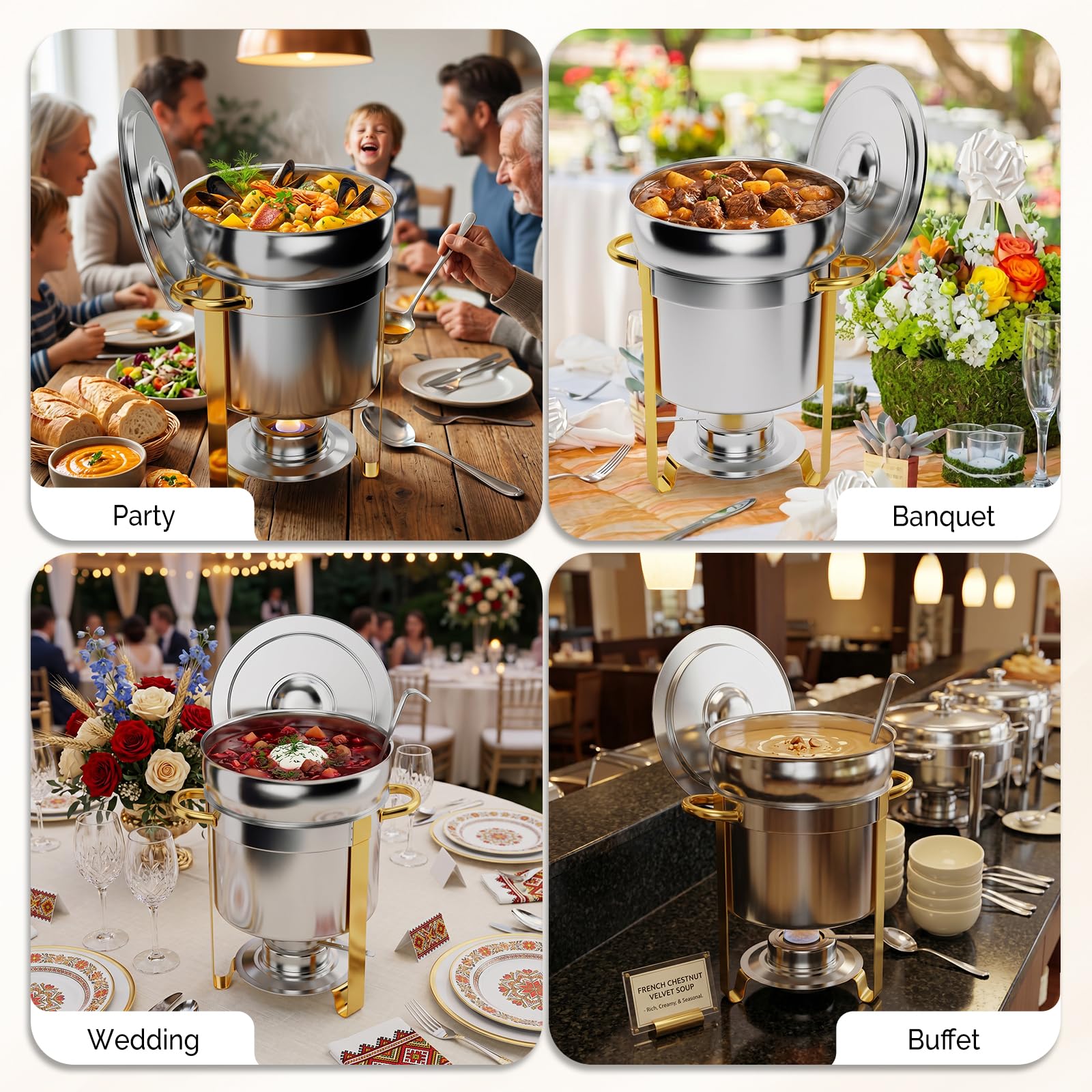 ROVSUN 7 QT Round Silver-Gold Buffet Soup Chafer with Lid Holder