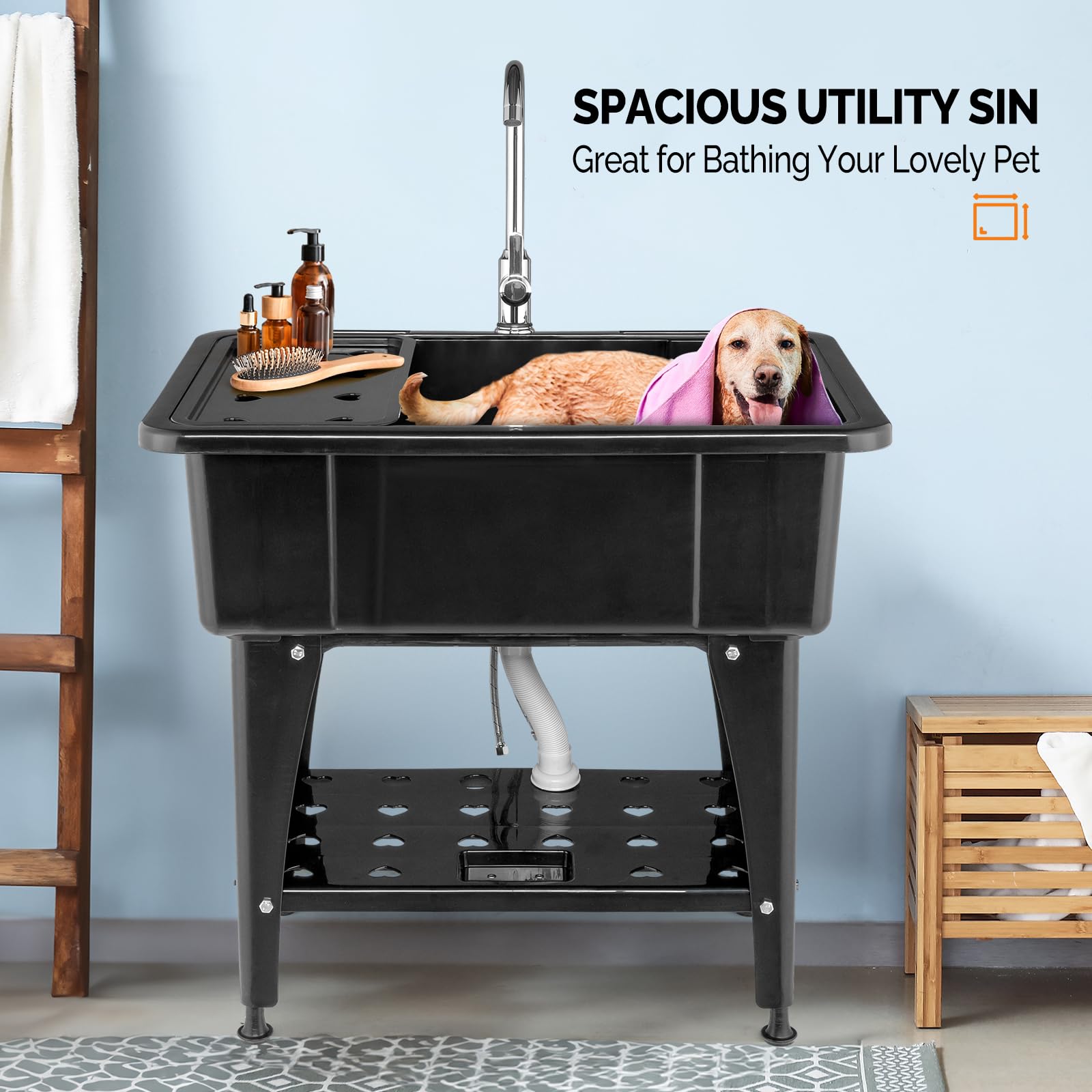 ROVSUN 32" x 22" Utility Sink Laundry Tub with Faucet & Shelf & Drainboard Black