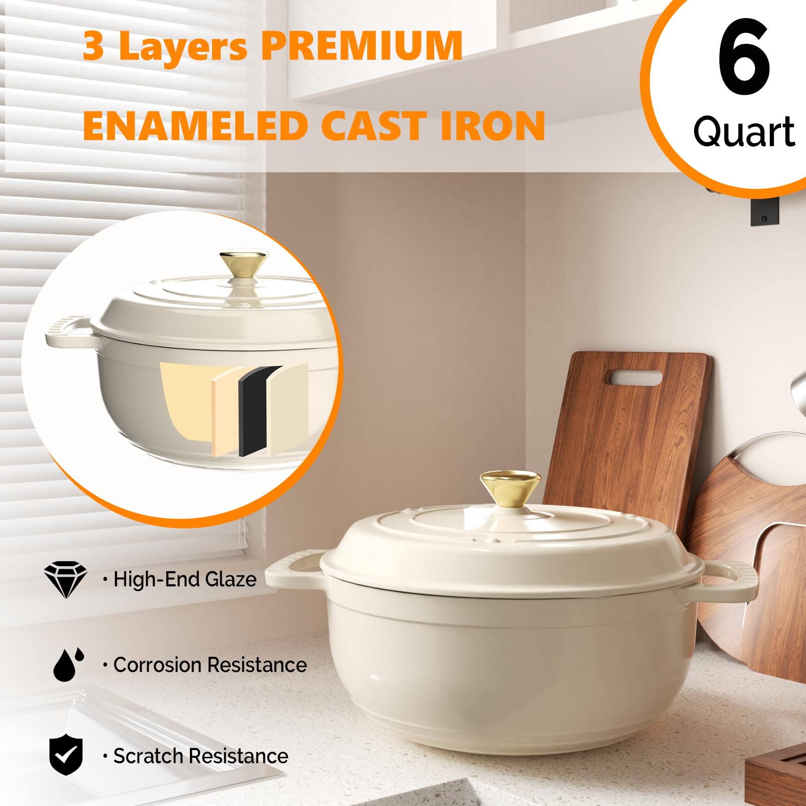 ROVSUN 6 QT Enameled Cast Iron Round Dutch Oven Cream White