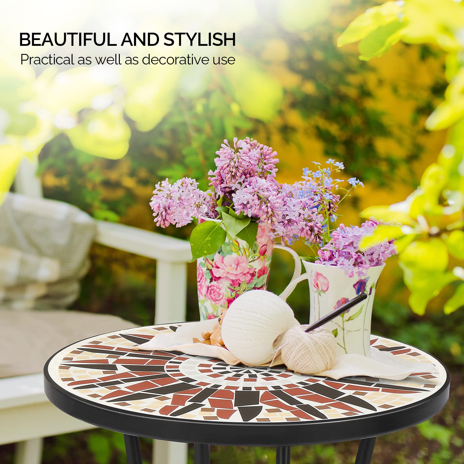 14" Round Mosaic Outdoor Side Table Brown Flower