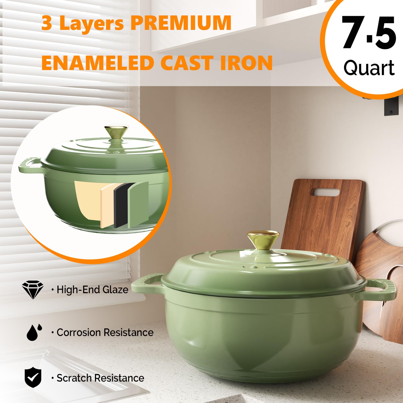 ROVSUN 7.5 QT Enameled Cast Iron Round Dutch Oven Sage Green