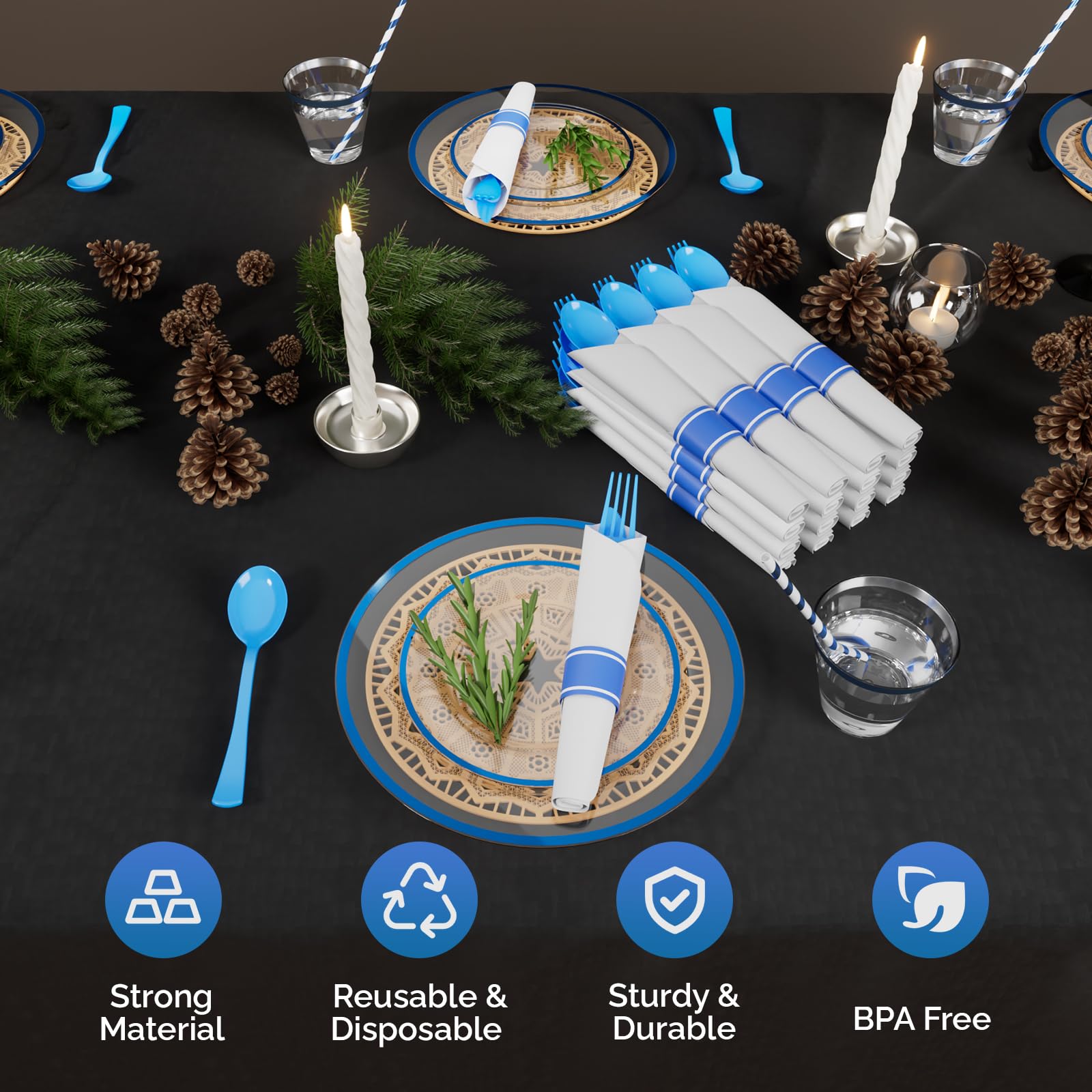 ROVSUN 400 Pieces Pre Rolled Napkins Blue Disposable Plastic Dinnerware Set for 50 Guests