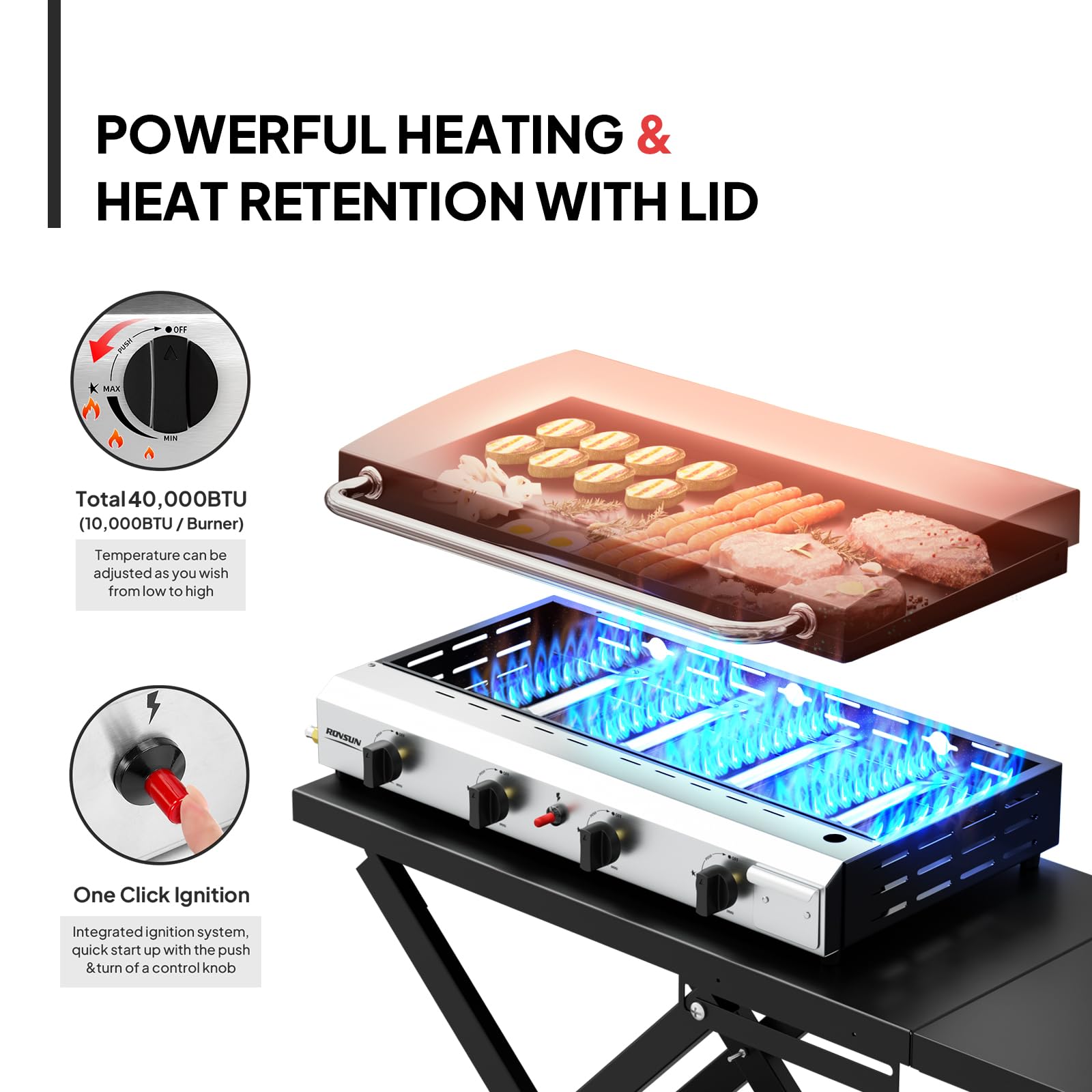 ROVSUN 4-Burner 40,000 BTU Foldable Propane Griddle with Wheels & Lid