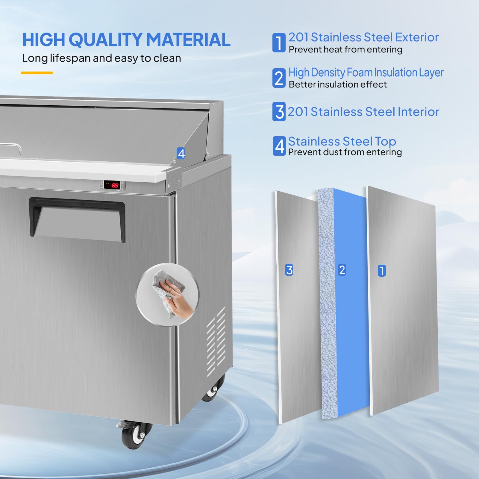 ROVSUN 48" 13.1 Cu.Ft. 320W 115V Silver Refrigerated Salad Sandwich Prep Table