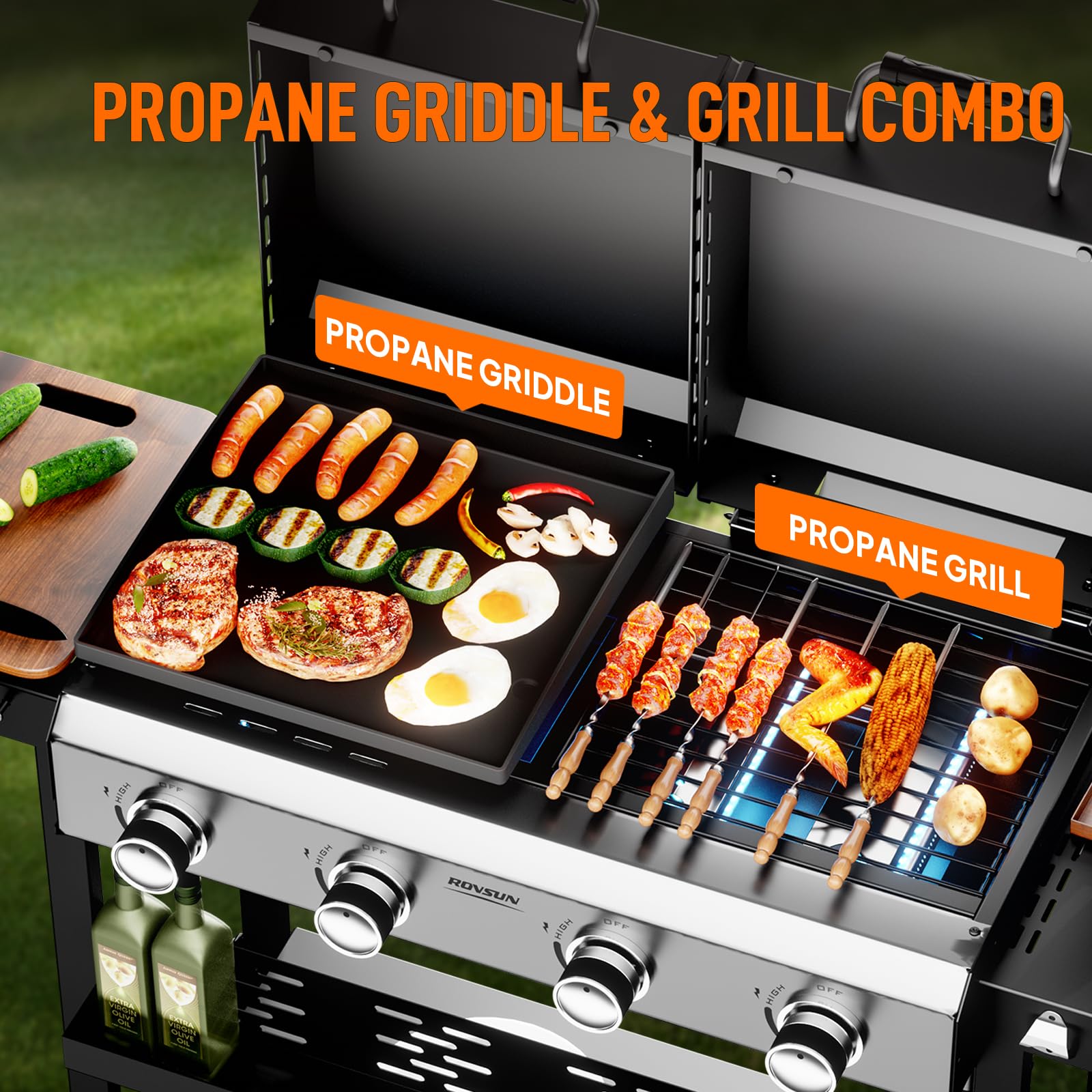 ROVSUN 4 Burner 2-in-1 Propane Grill and Griddle Combo Standing with Lid