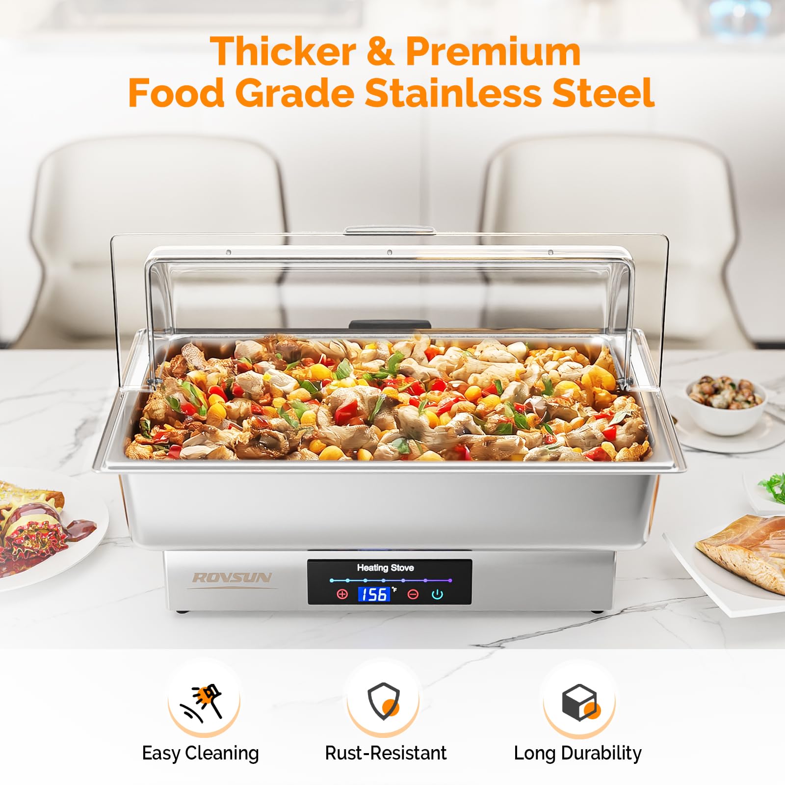 ROVSUN 9 QT Roll Top Electric Chafing Dish Buffet Set with PC Lid/Temp Control