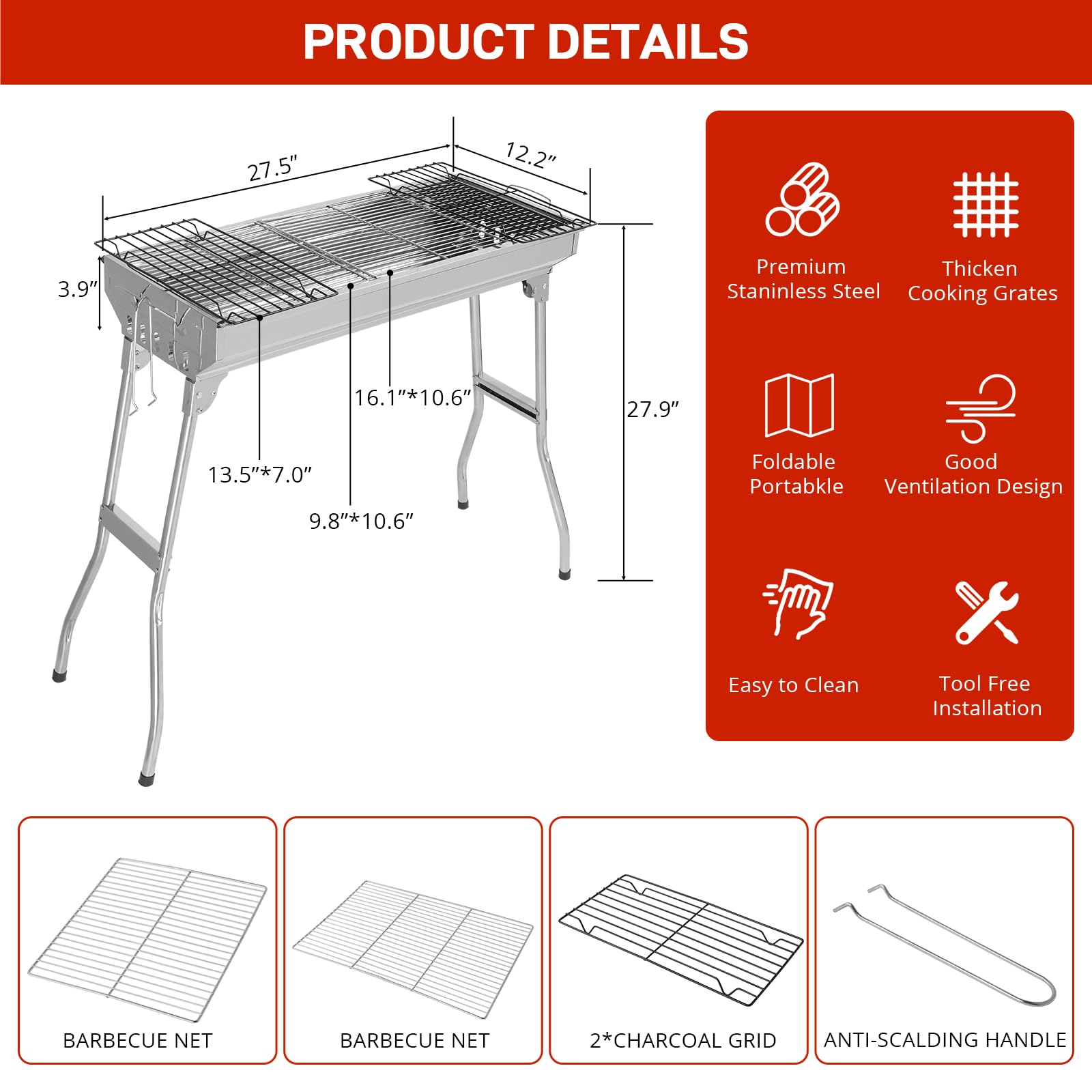 ROVSUN 28" Portable Stainless Steel Charcoal Grill Foldable