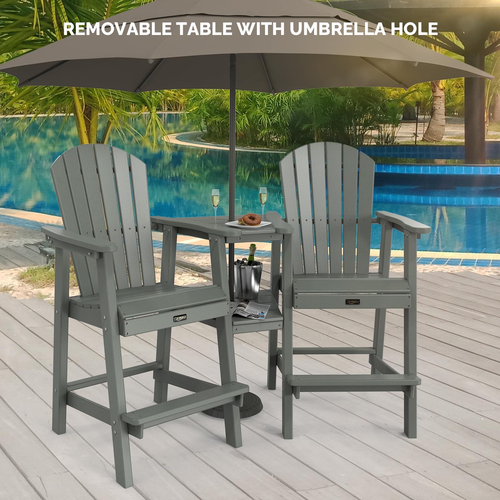 HDPE Adirondack Bar Stool Set with Detachable Tray Grey