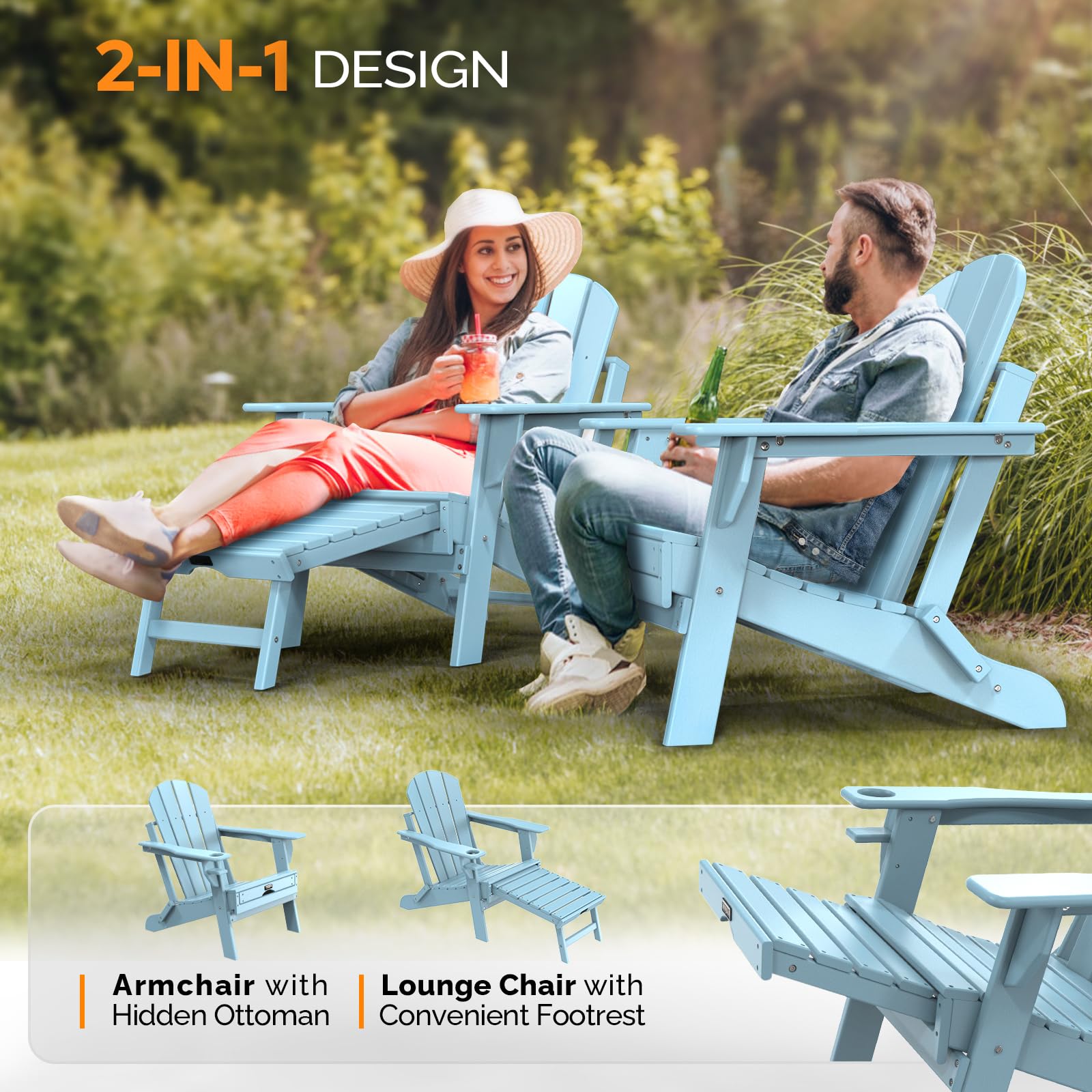 Plastic Folding HDPE Adirondack Chair with Ottoman Blue