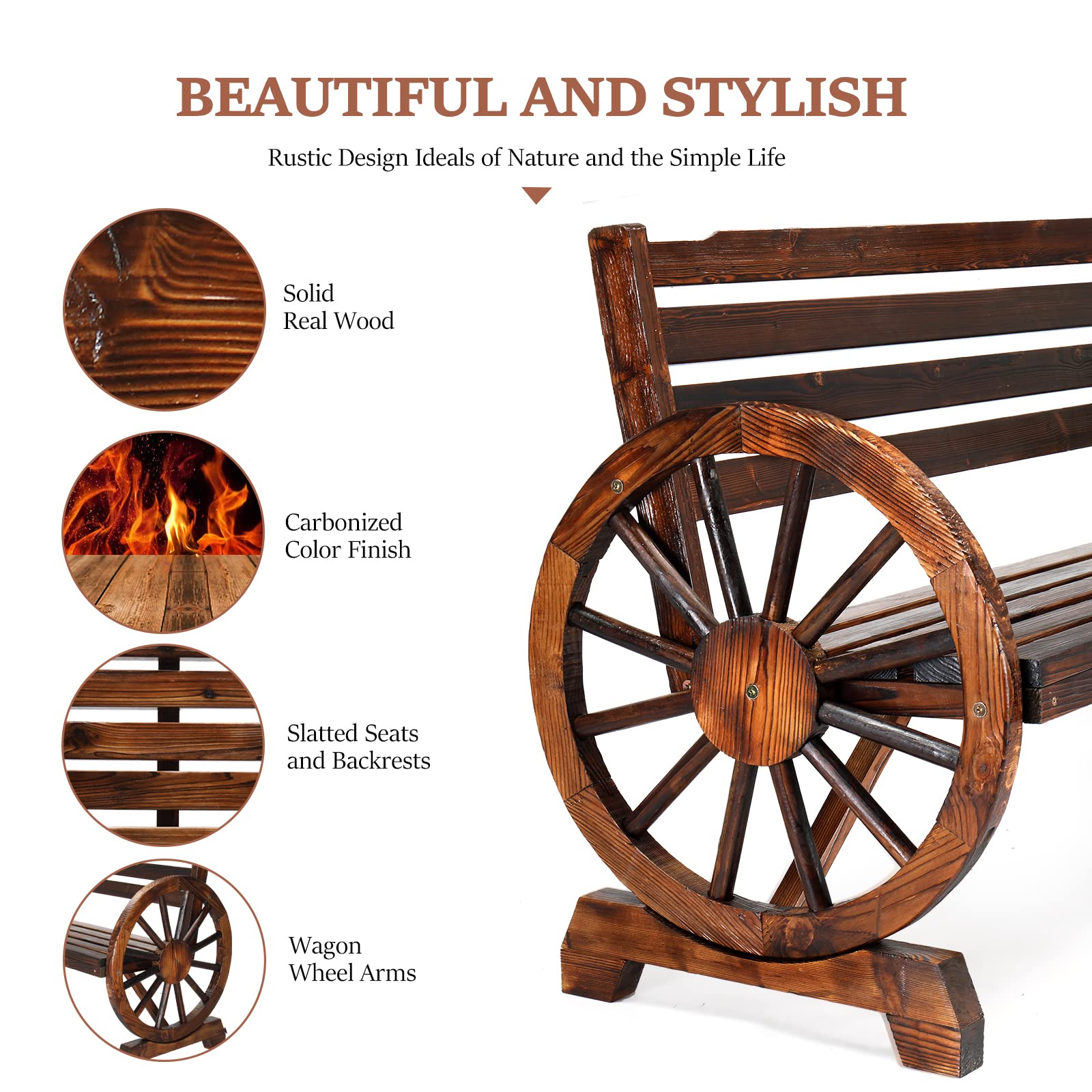 55" Outdoor Bench with Rustic Wooden Wheel