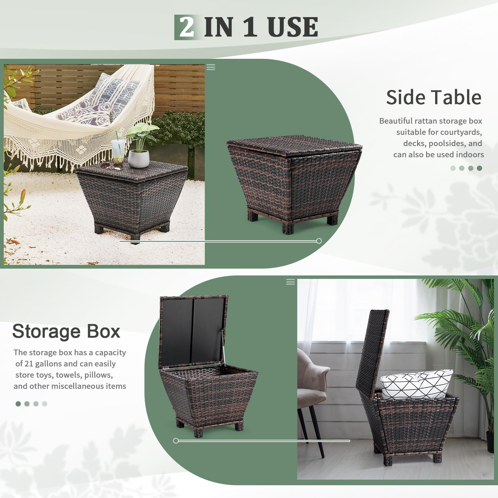 13 Gallon Trapezoidal Outdoor Wicker Side Table with Storage