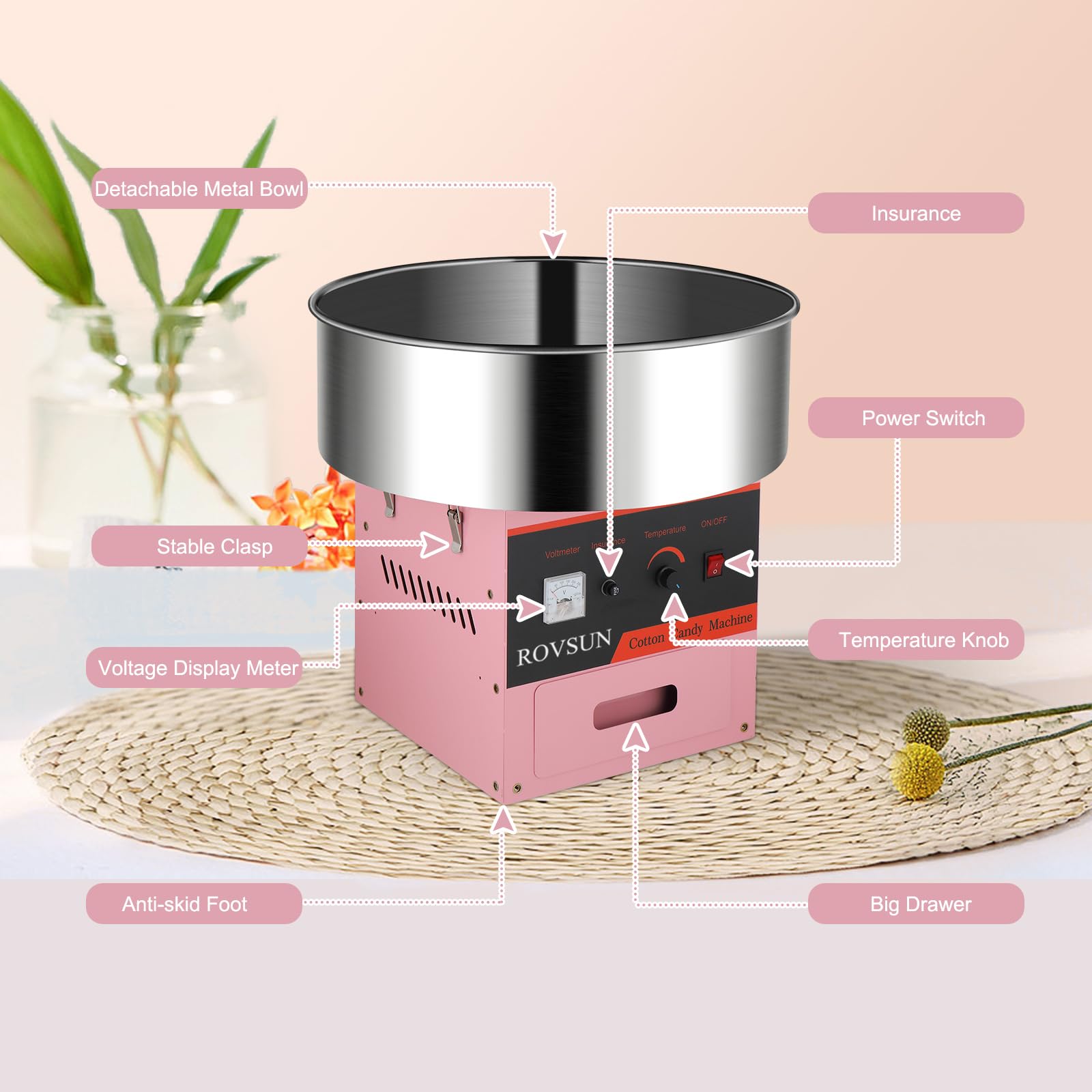 ROVSUN 21" 980W 110V Cotton Candy Machine with Bowl Pink