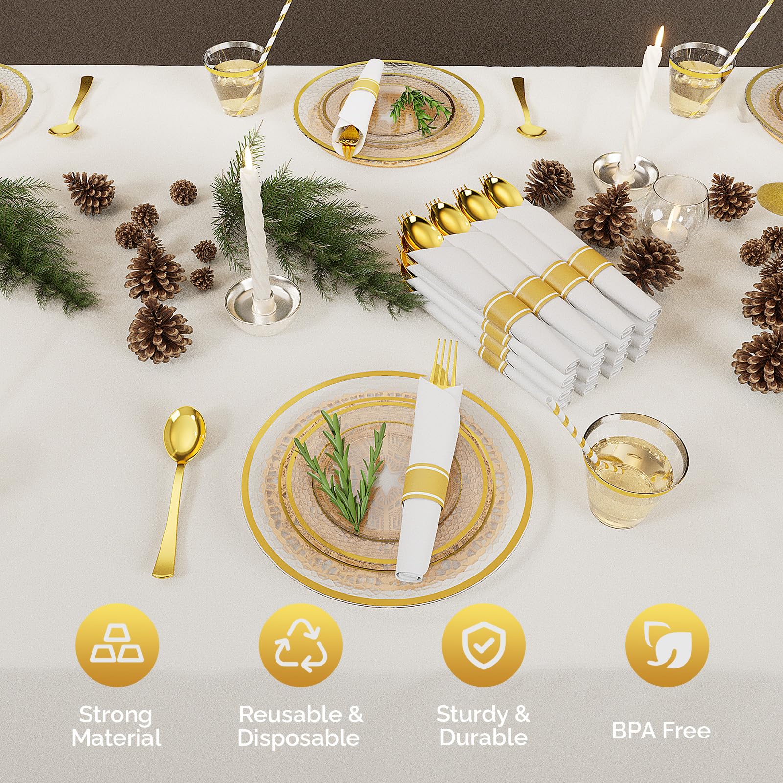 ROVSUN 400 Pieces Pre Rolled Napkins Gold Clear Disposable Plastic Dinnerware Set for 50 Guests