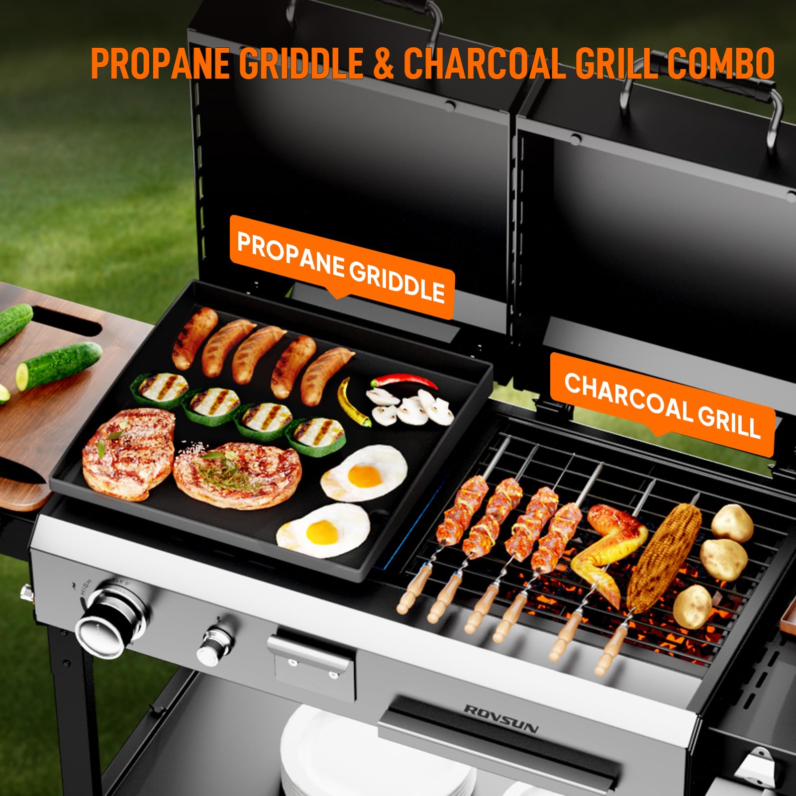 ROVSUN 2-in-1 Propane Grill and Charcoal Grill Combo with Lid