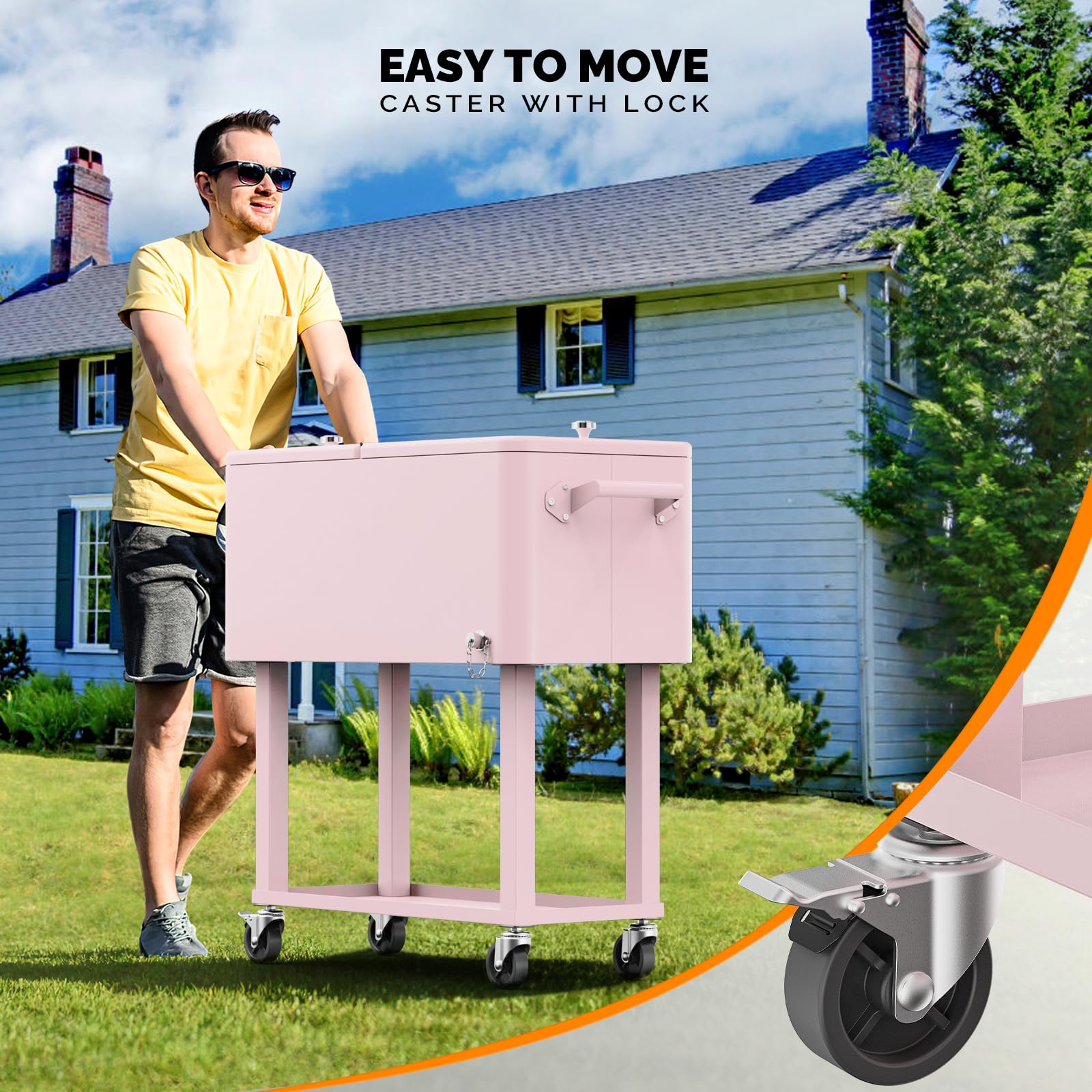 80 Quart Portable Outdoor Patio Rolling Cooler Cart Pink