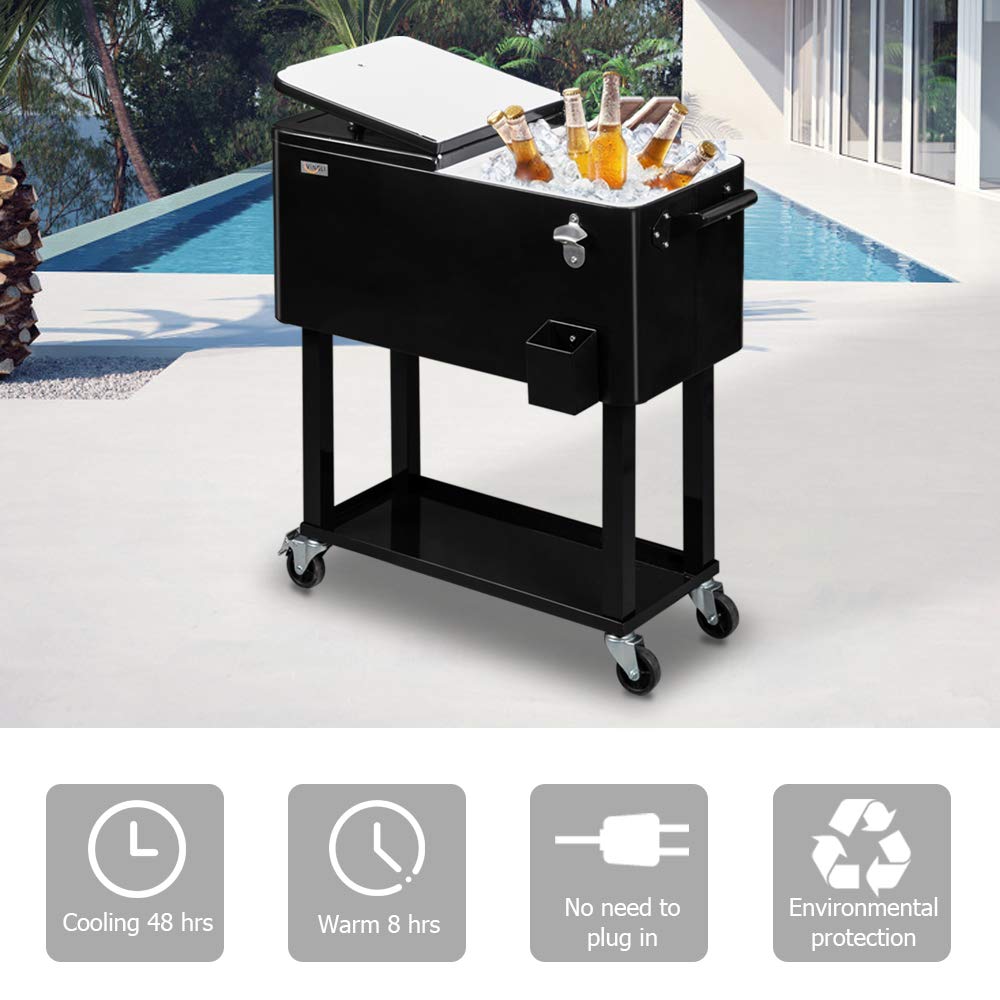 80 Quart Portable Outdoor Patio Rolling Cooler Cart Black