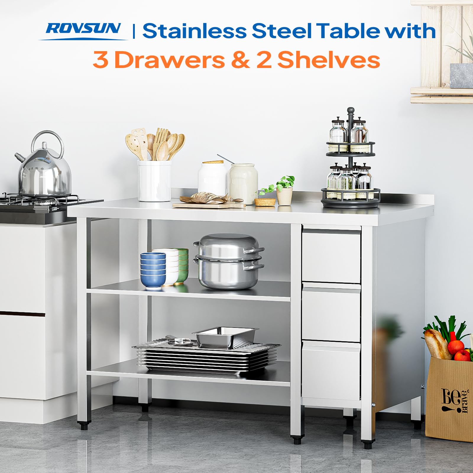 ROVSUN 48" x 24" Stainless Steel Kitchen Work Table with 3 Drawers