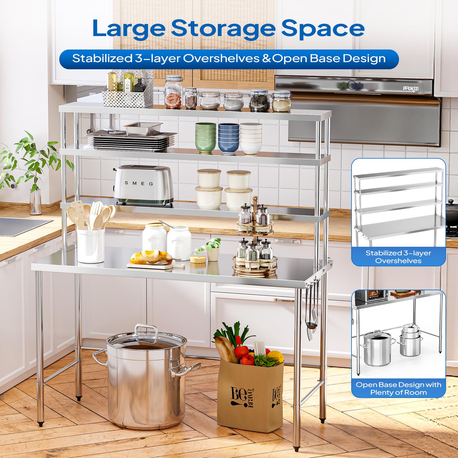 ROVSUN 60" X 24" Stainless Steel Table with Overshelves