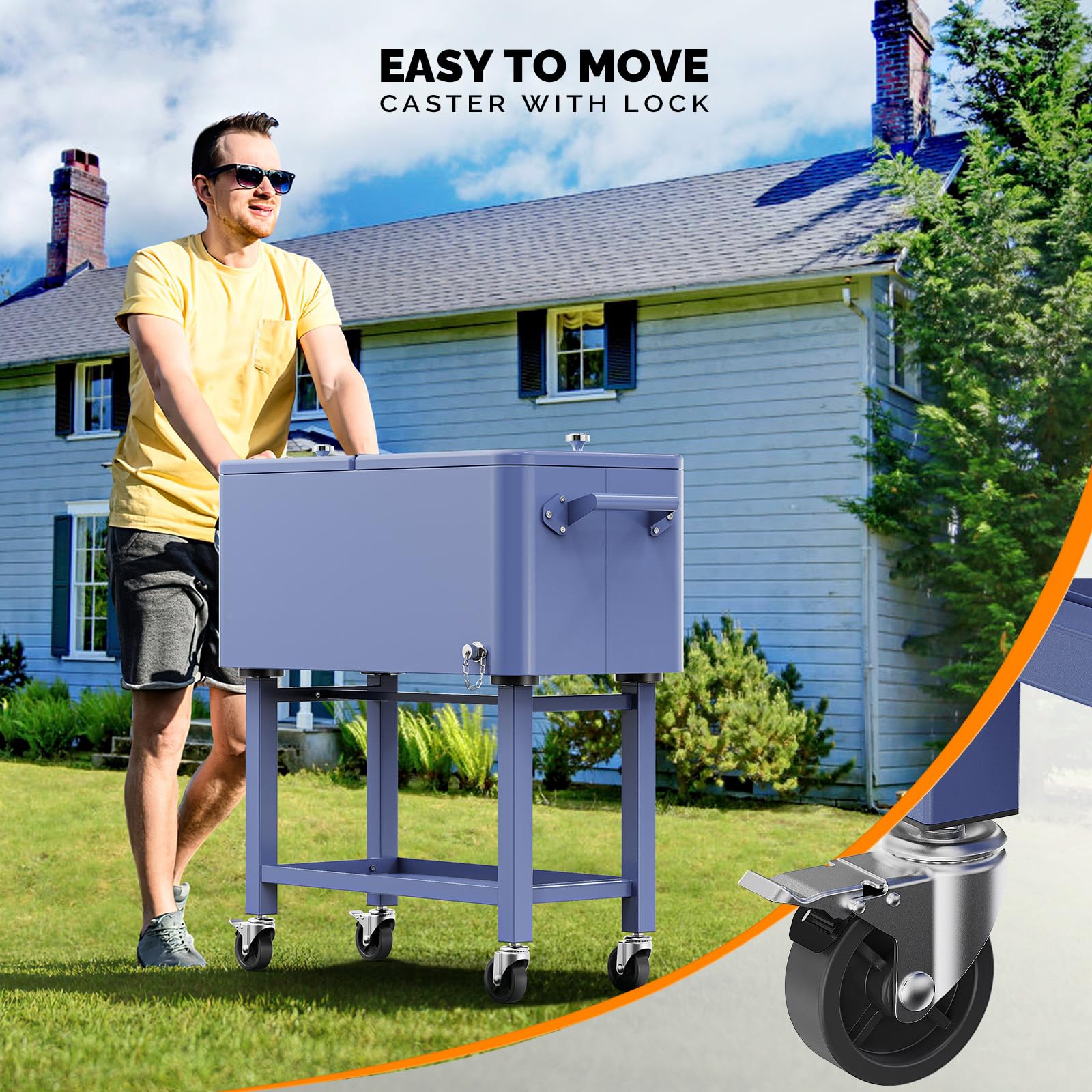 80 Quart Portable Outdoor Patio Rolling Cooler Cart Haze Blue