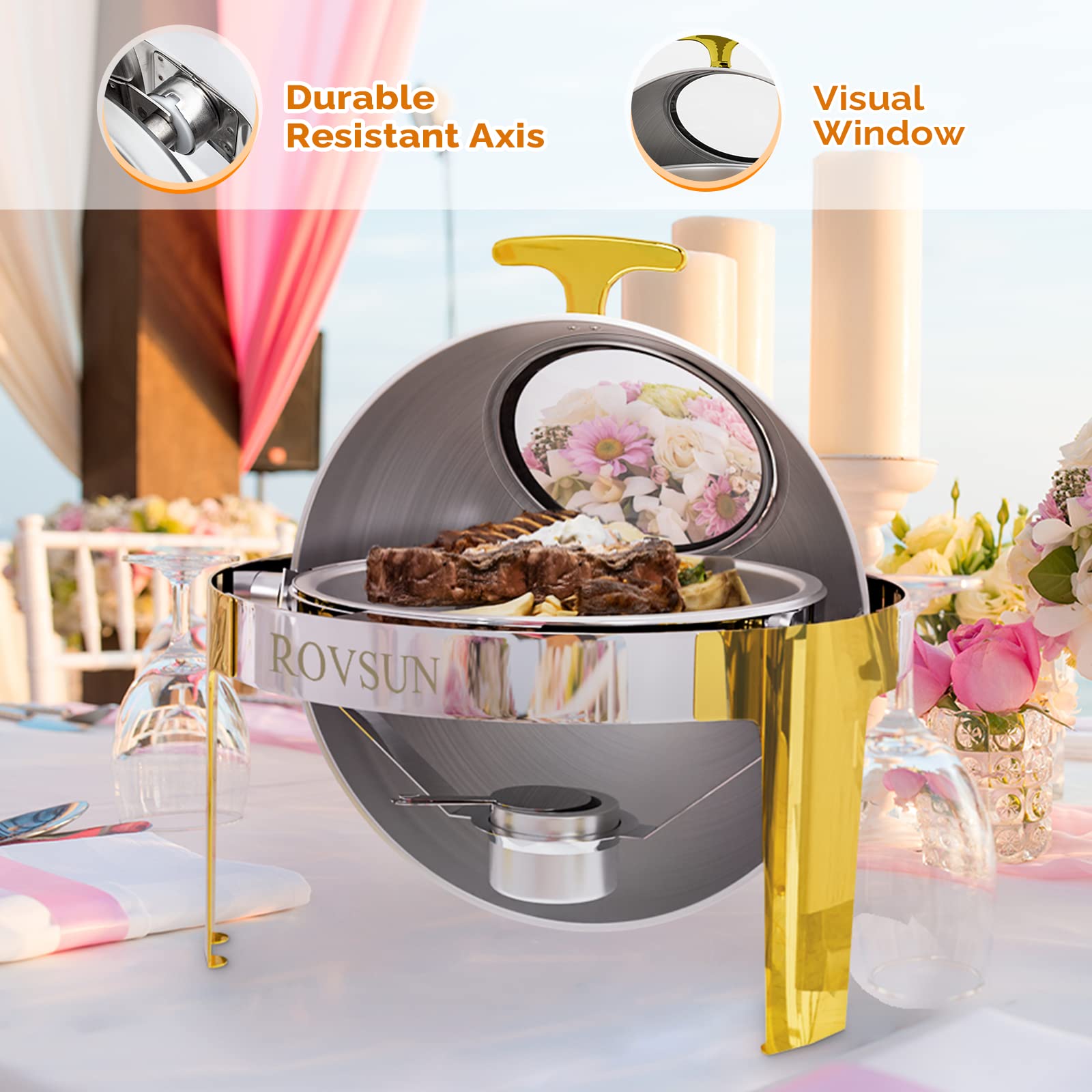 ROVSUN 6 QT Roll Top Round Silver Gold Chafing Dish Buffet Set with Visible Window