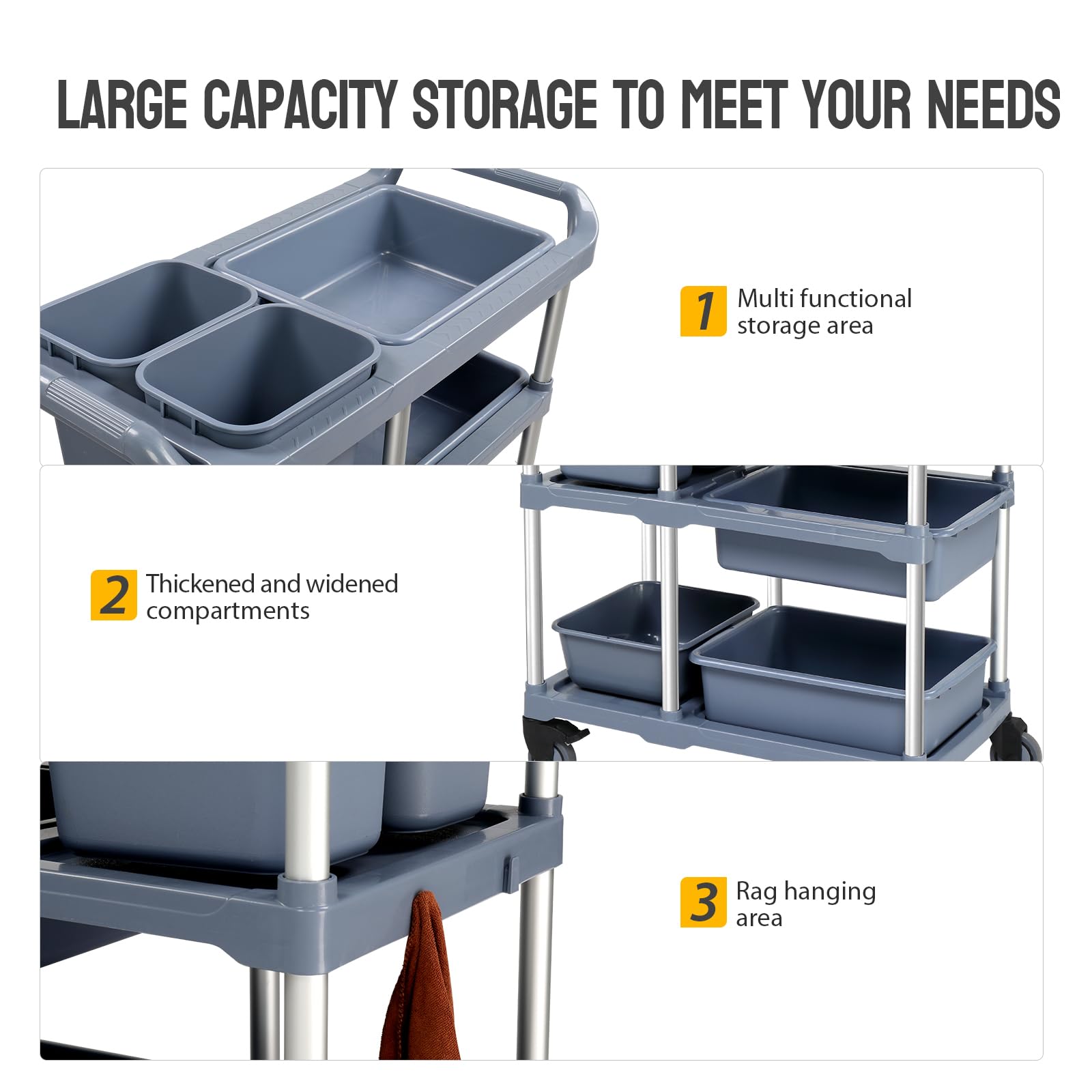 3-Tier 41" x 18" 330 lb. Capacity Plastic Utility Cart/Bussing Cart Grey