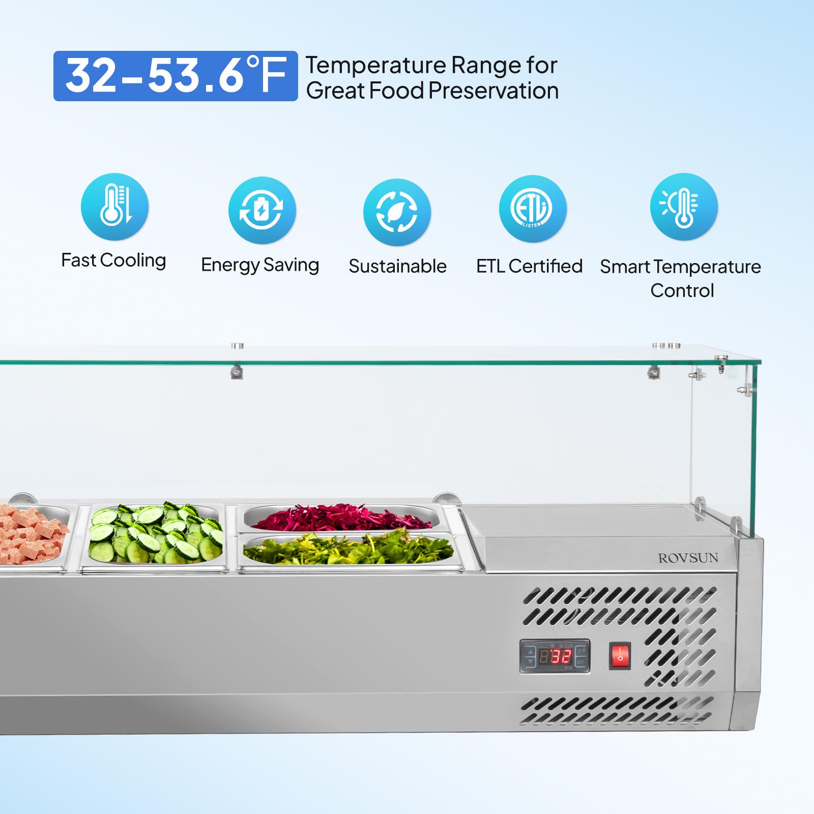 ROVSUN 47" 125W 110V Refrigerated Prep Rail Countertop with Glass Shield
