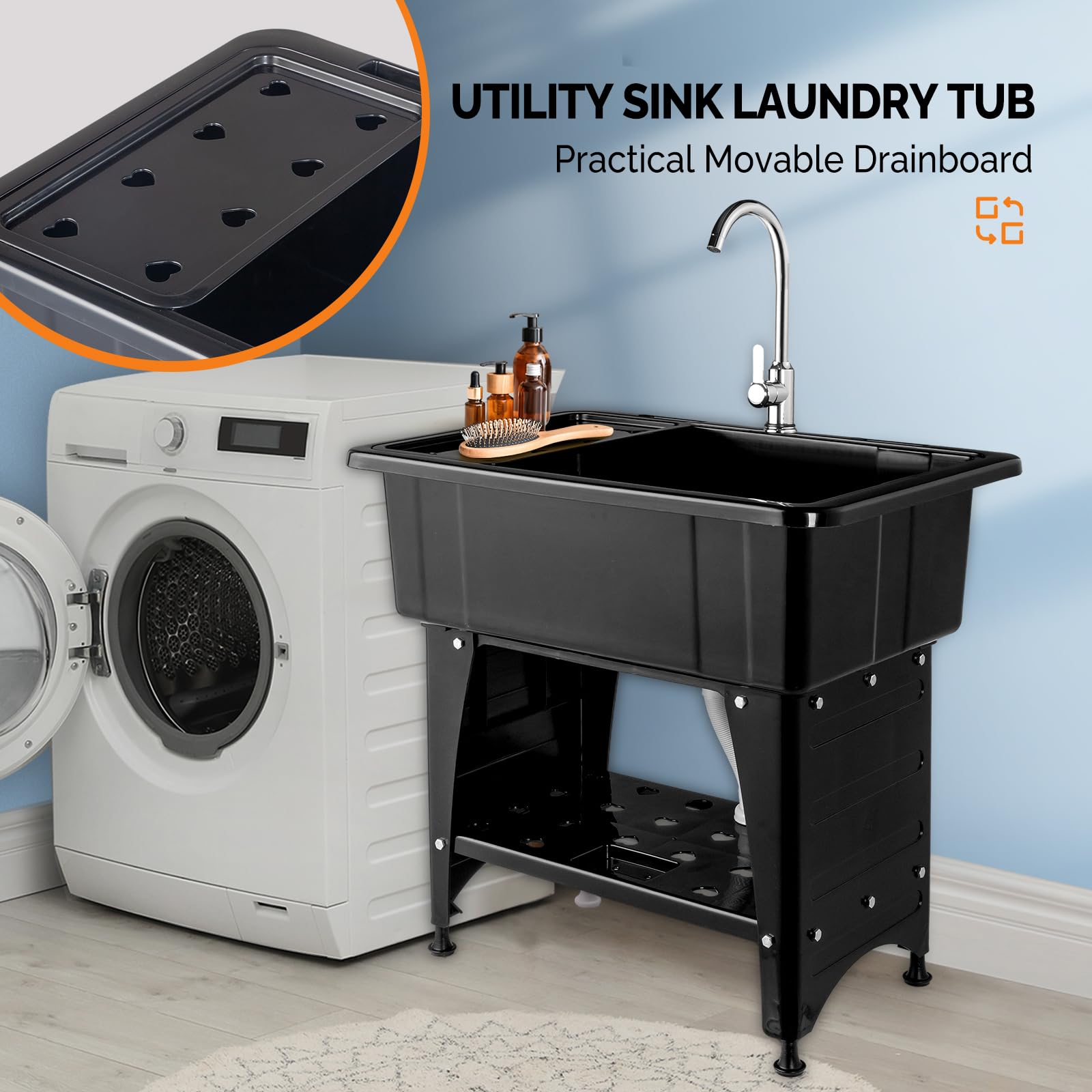ROVSUN 32" x 22" Utility Sink Laundry Tub with Faucet & Shelf & Drainboard Black