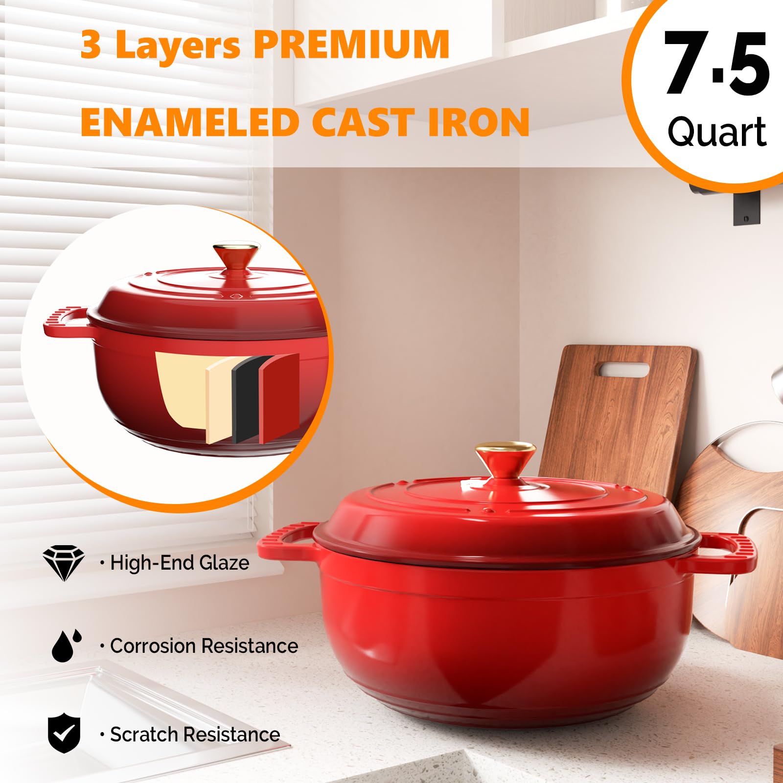 ROVSUN 7.5 QT Enameled Cast Iron Round Dutch Oven Red
