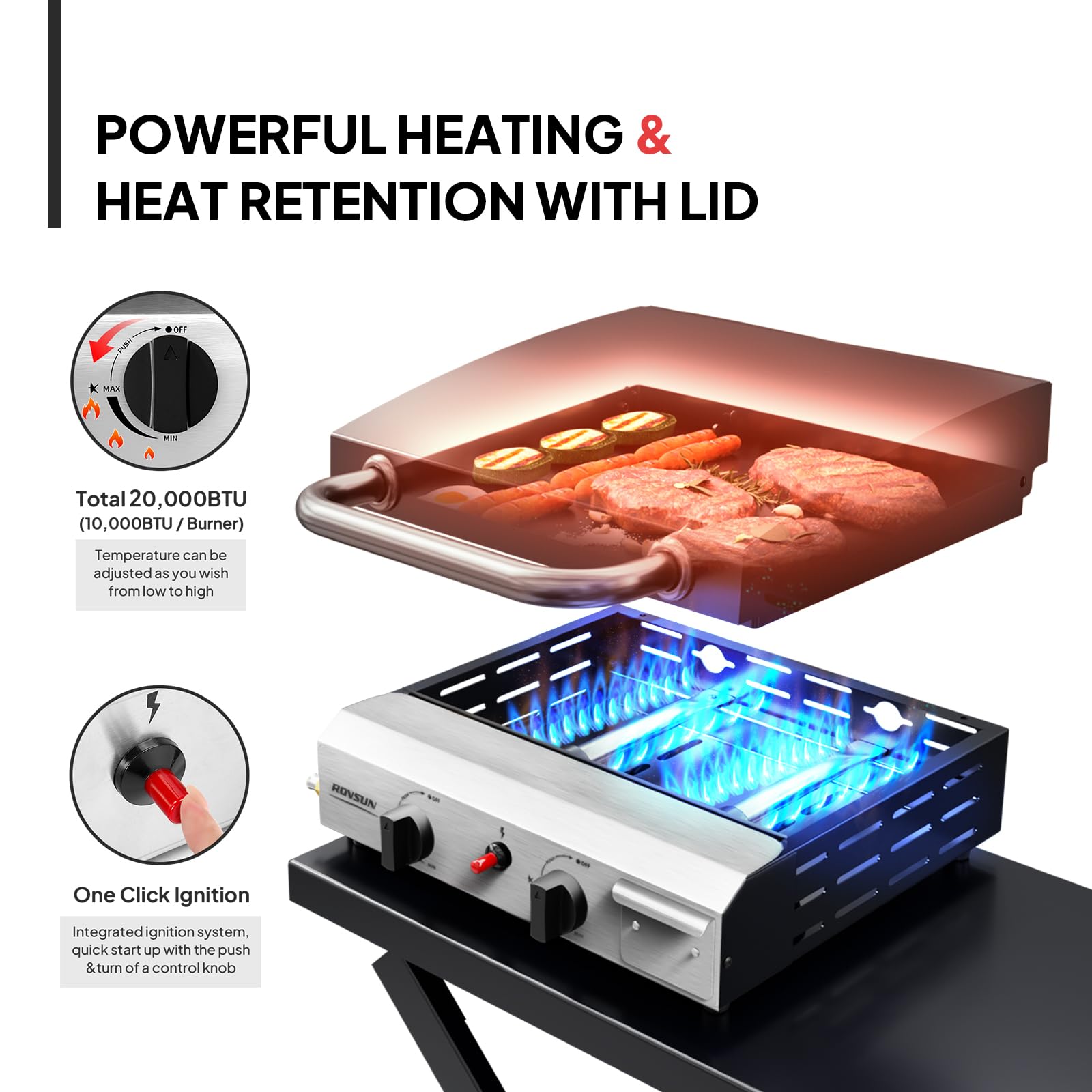 ROVSUN 2-Burner 20,000 BTU Foldable Propane Griddle with Wheels & Lid