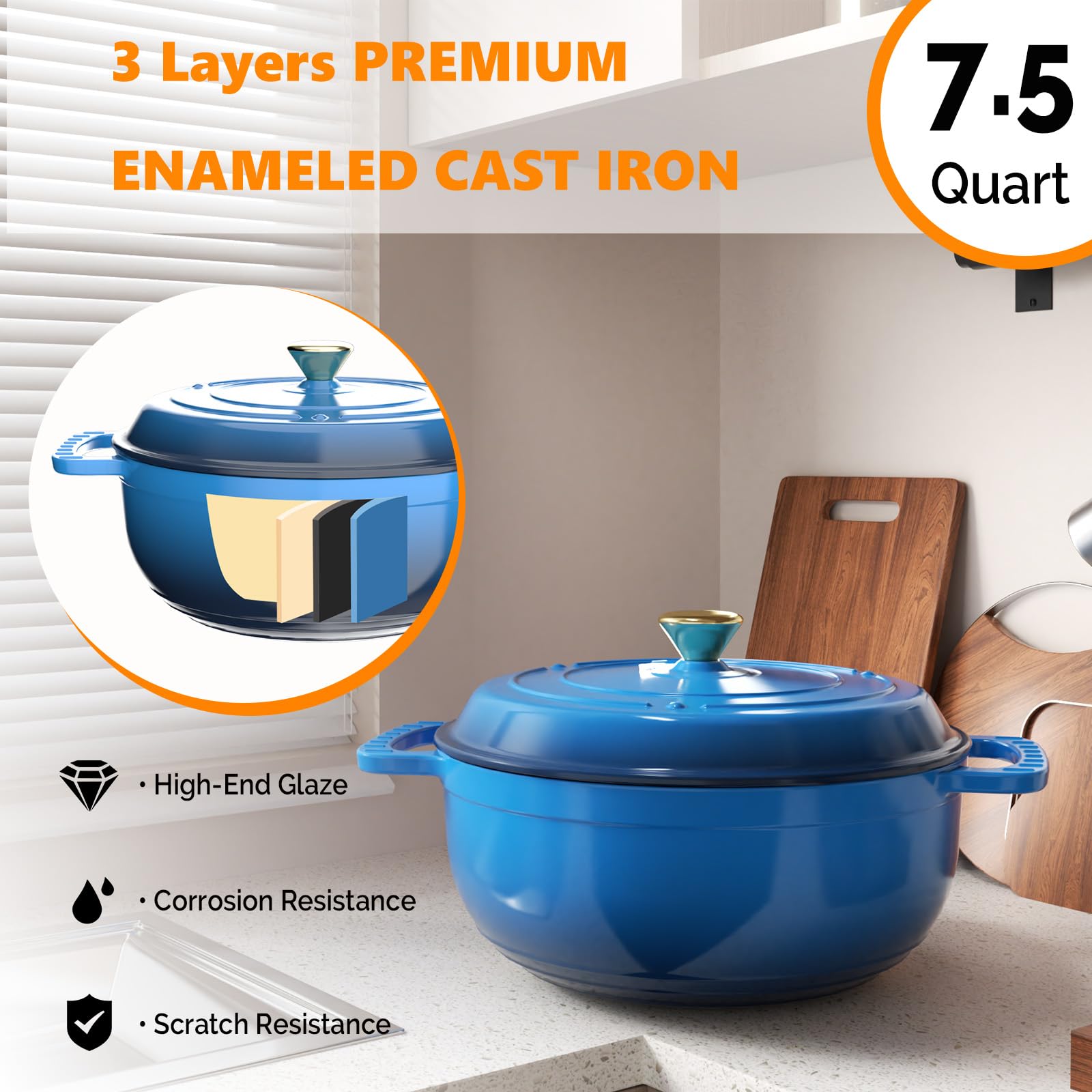 ROVSUN 7.5 QT Enameled Cast Iron Round Dutch Oven Blue