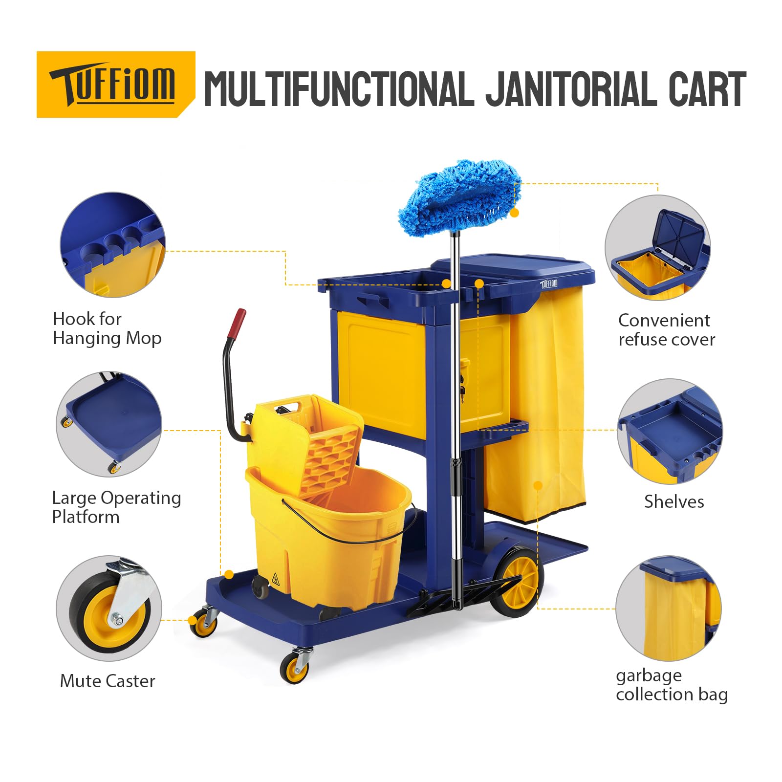 3-Tier 500 LBS Capacity Janitorial Cart with Locker & 15 Gallon Bag Blue
