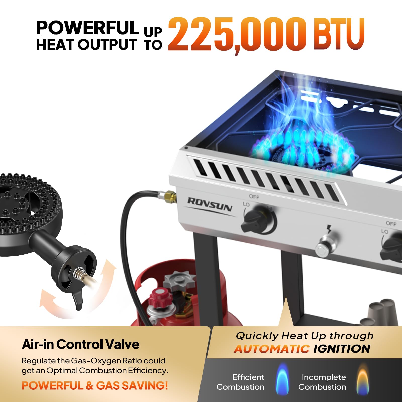 ROVSUN 3-Burner 225,000 BTU Outdoor Camping Propane Stove with Wheels