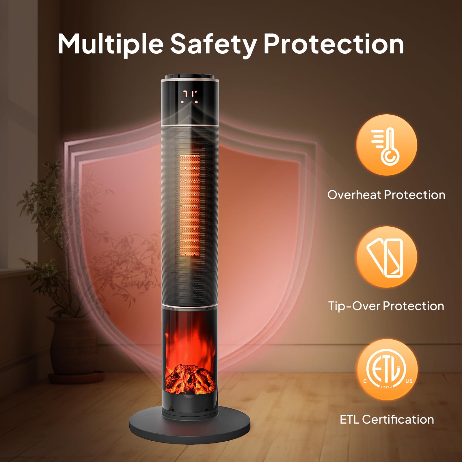 33"H 1,500W 120V Electric Space Heater with Remote Black