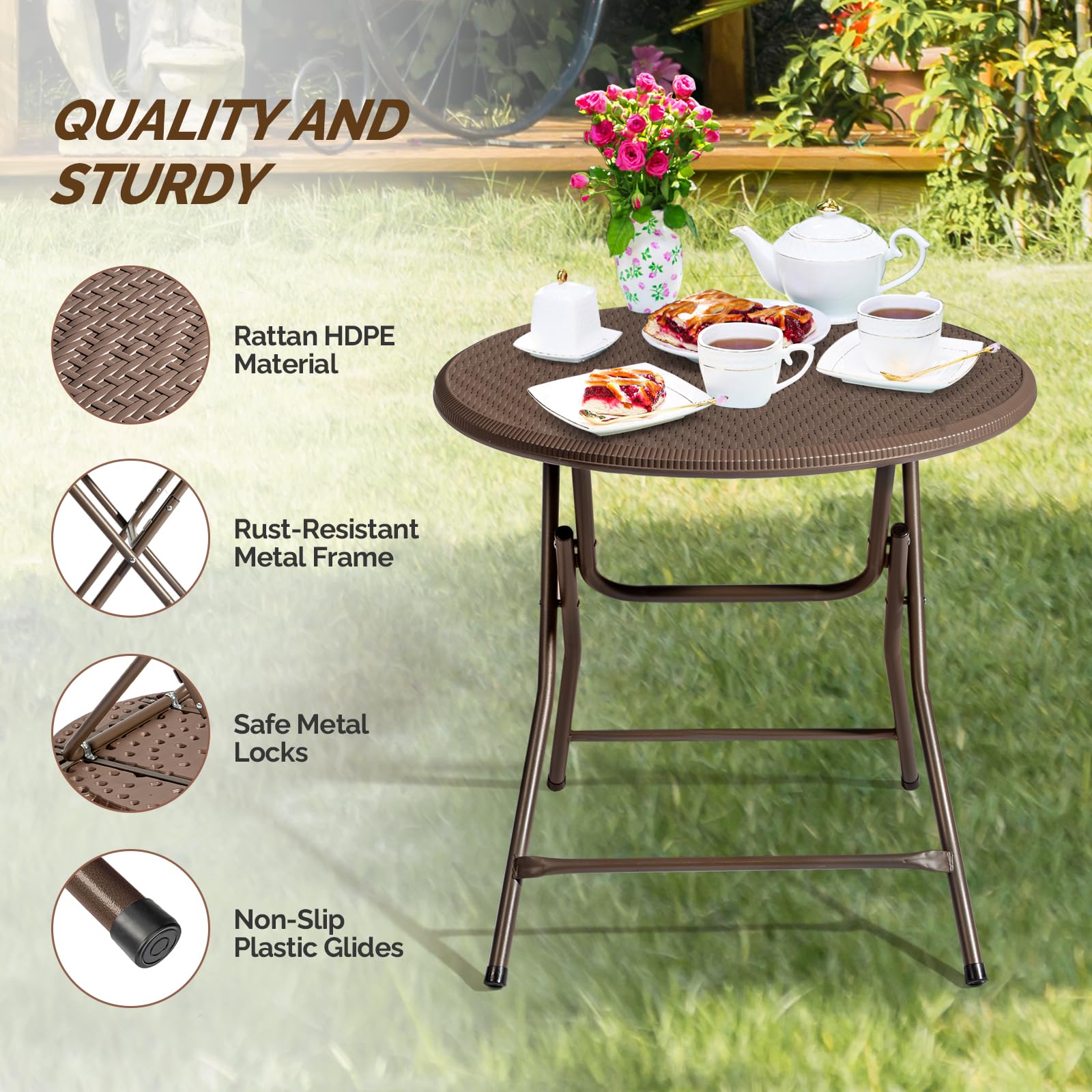 32" Round Folding Portable Plastic Dining Table Brown