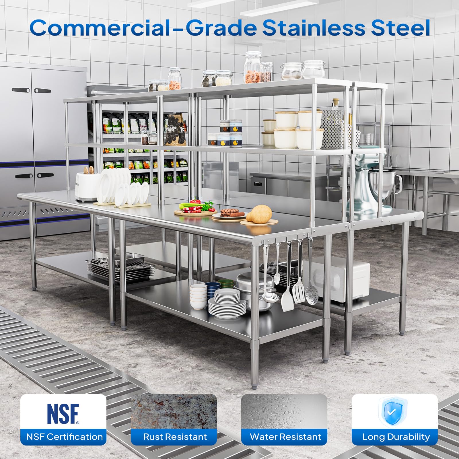 ROVSUN 60" X 30" Stainless Steel Table with Overshelves
