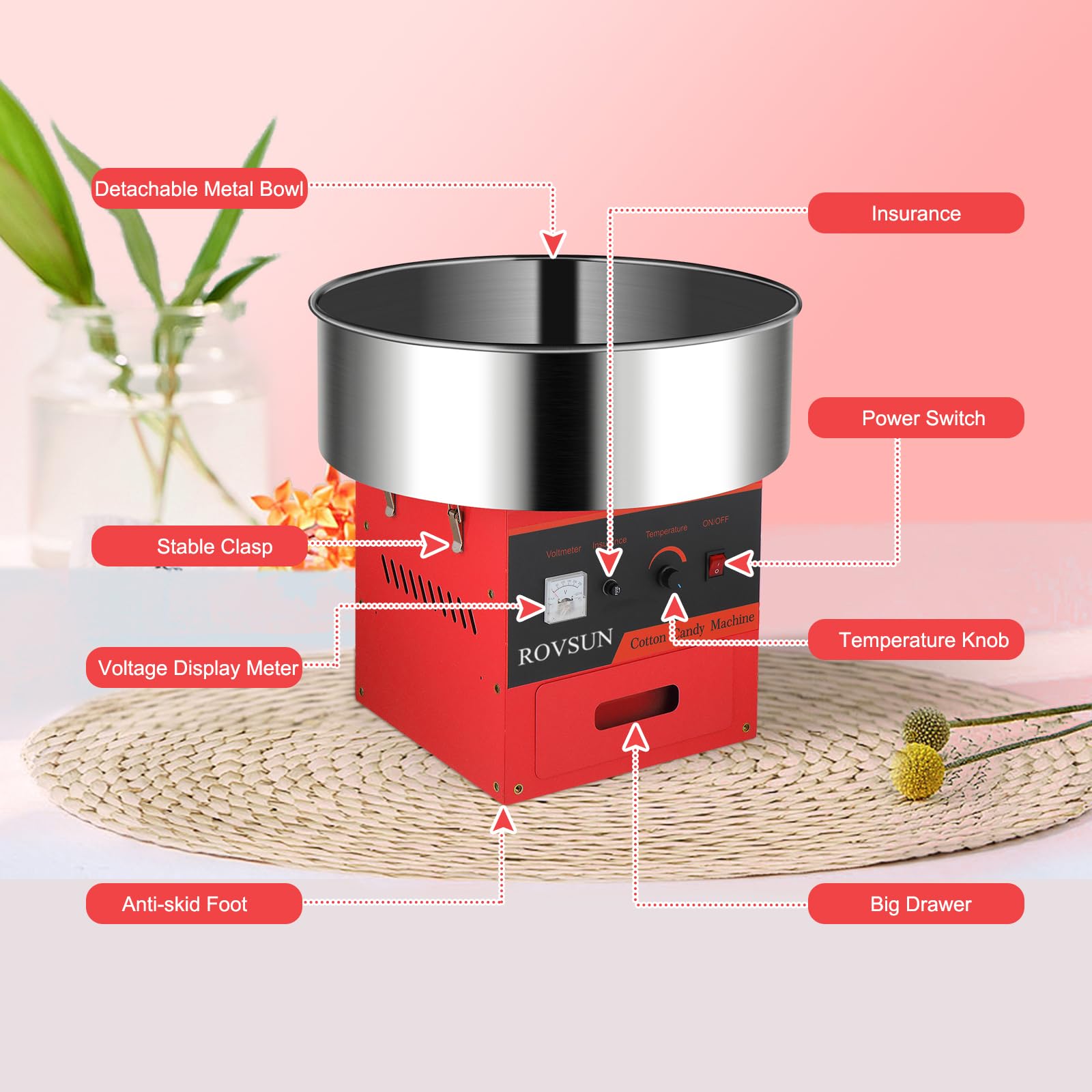 ROVSUN 21" 980W 110V Cotton Candy Machine with Bowl Red