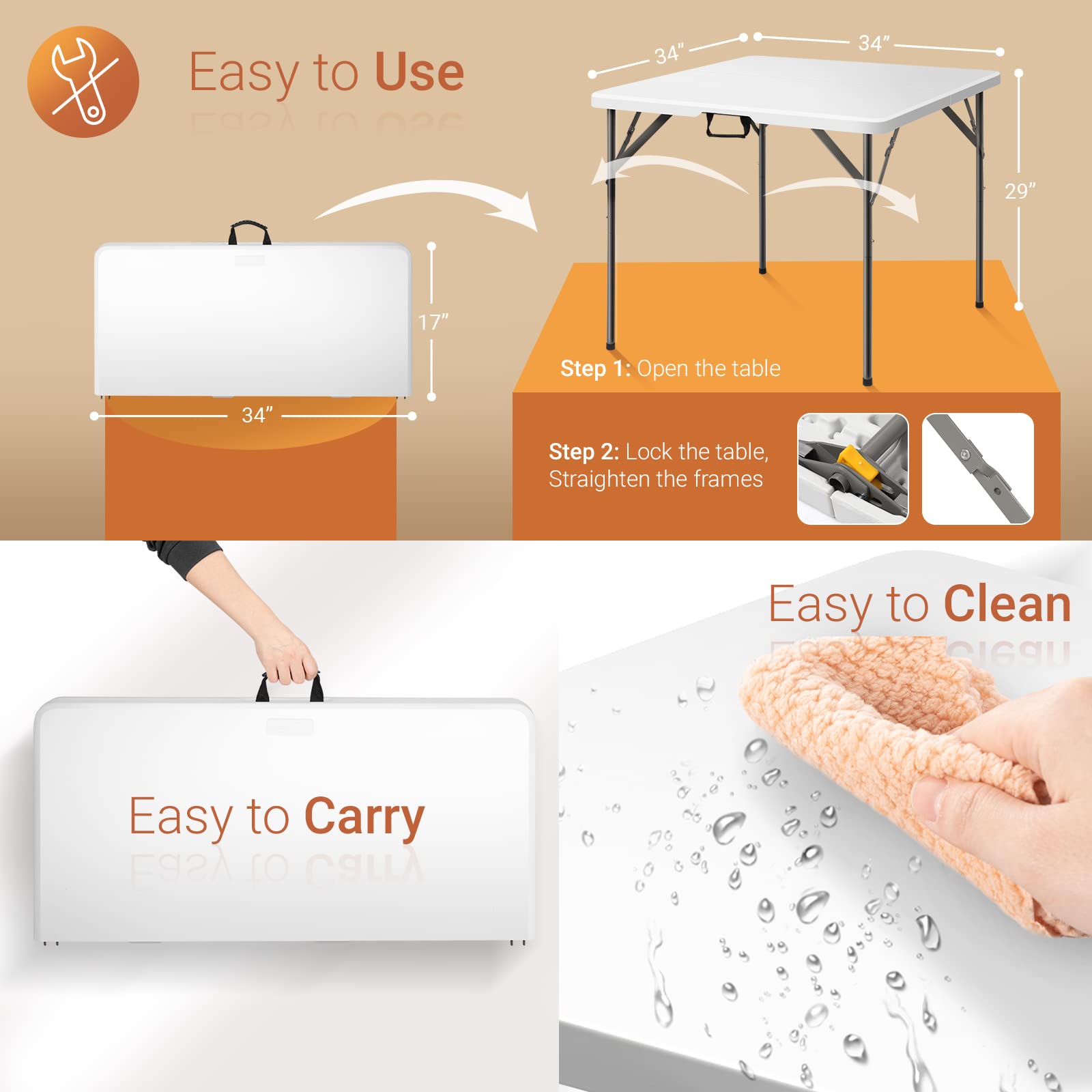 34" Square Bi-Folding Portable Plastic Dining Card Table