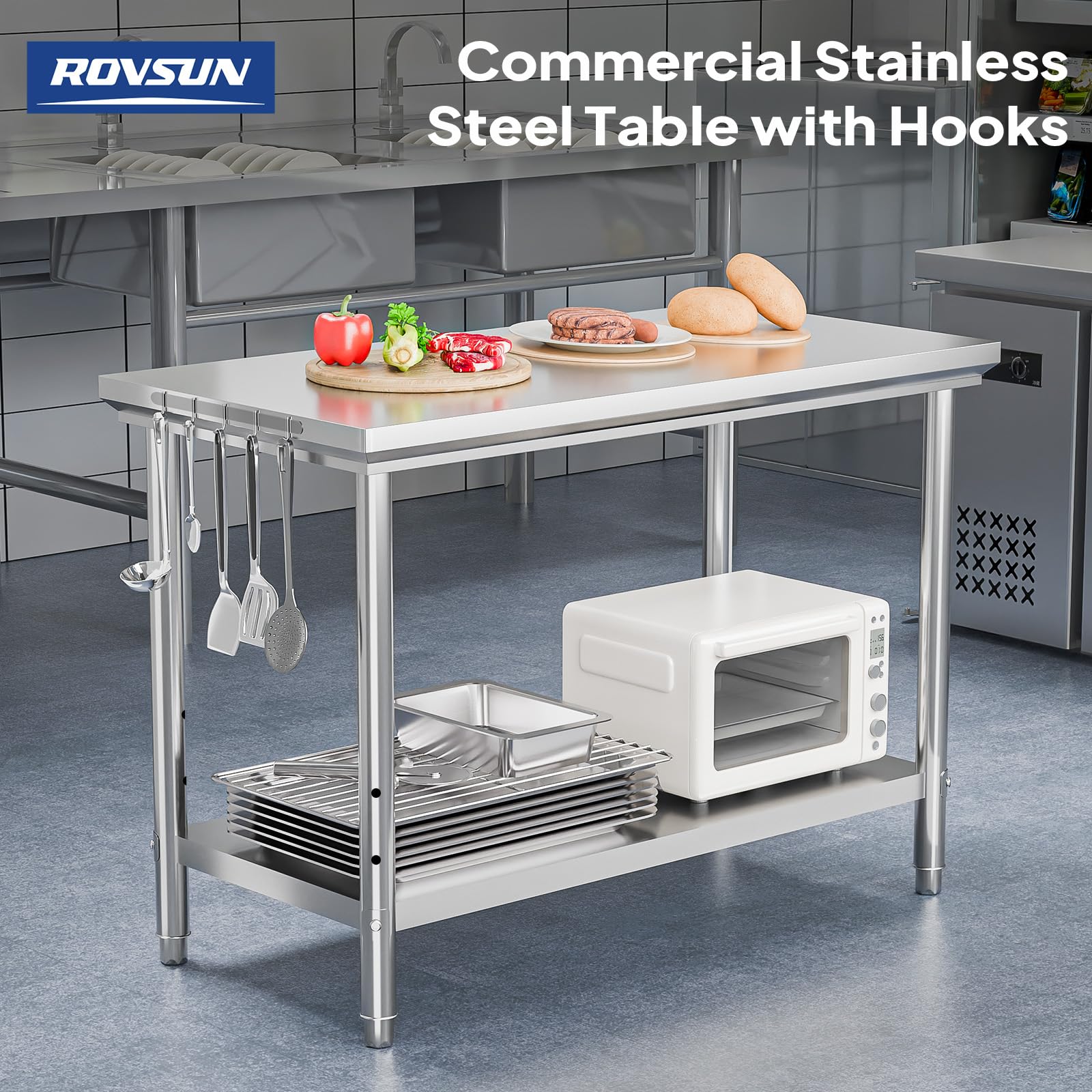 ROVSUN 48" x 24" Stainless Steel Table with Hooks & Undershelf