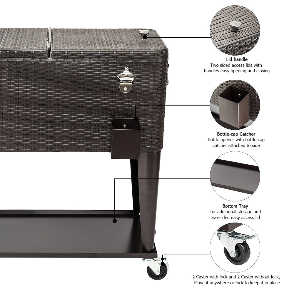 80 Quart Portable Outdoor Patio Rolling Cooler Cart Black Brown