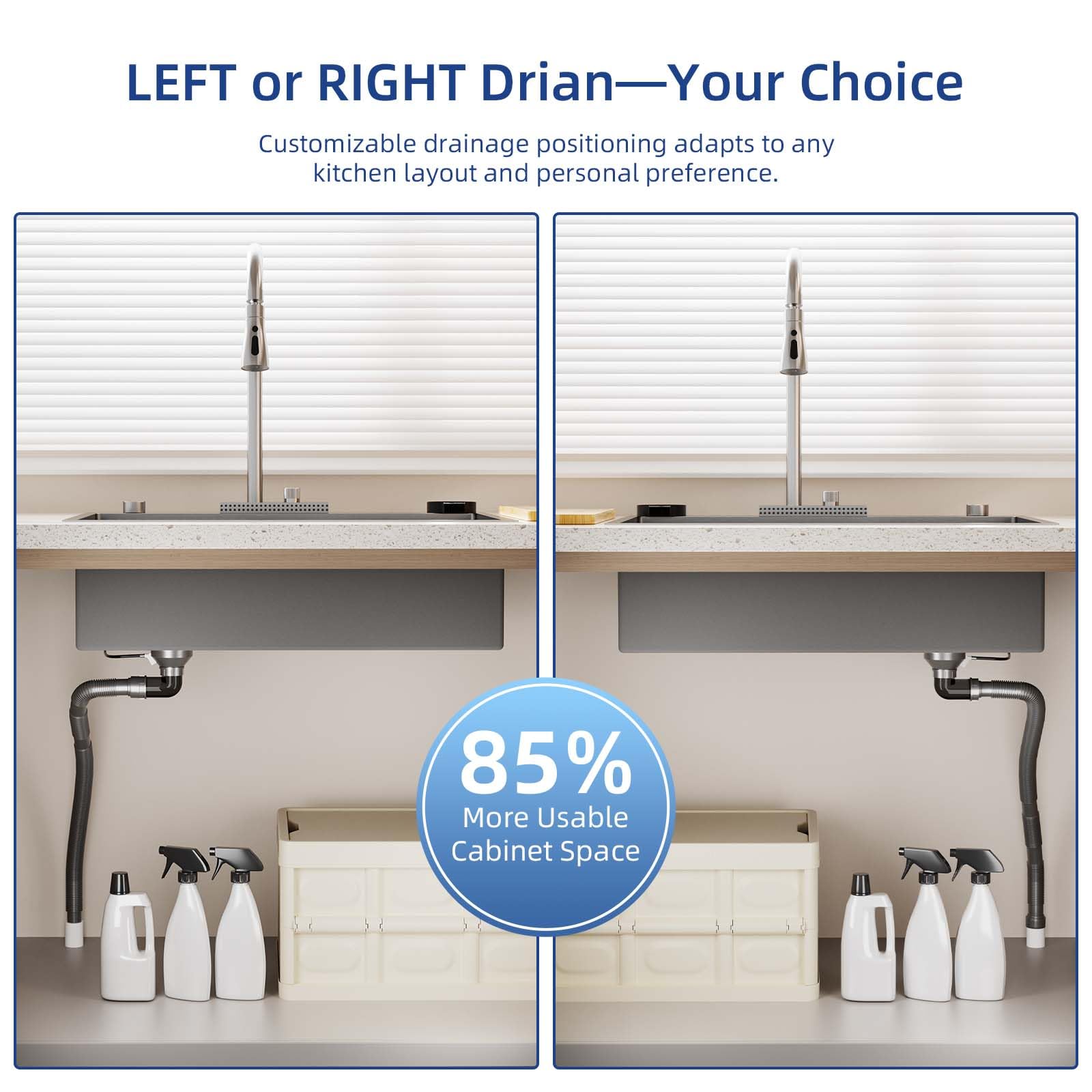 ROVSUN 33" x 19" Drop-in Waterfall Kitchen Sink with Left Drain Silver