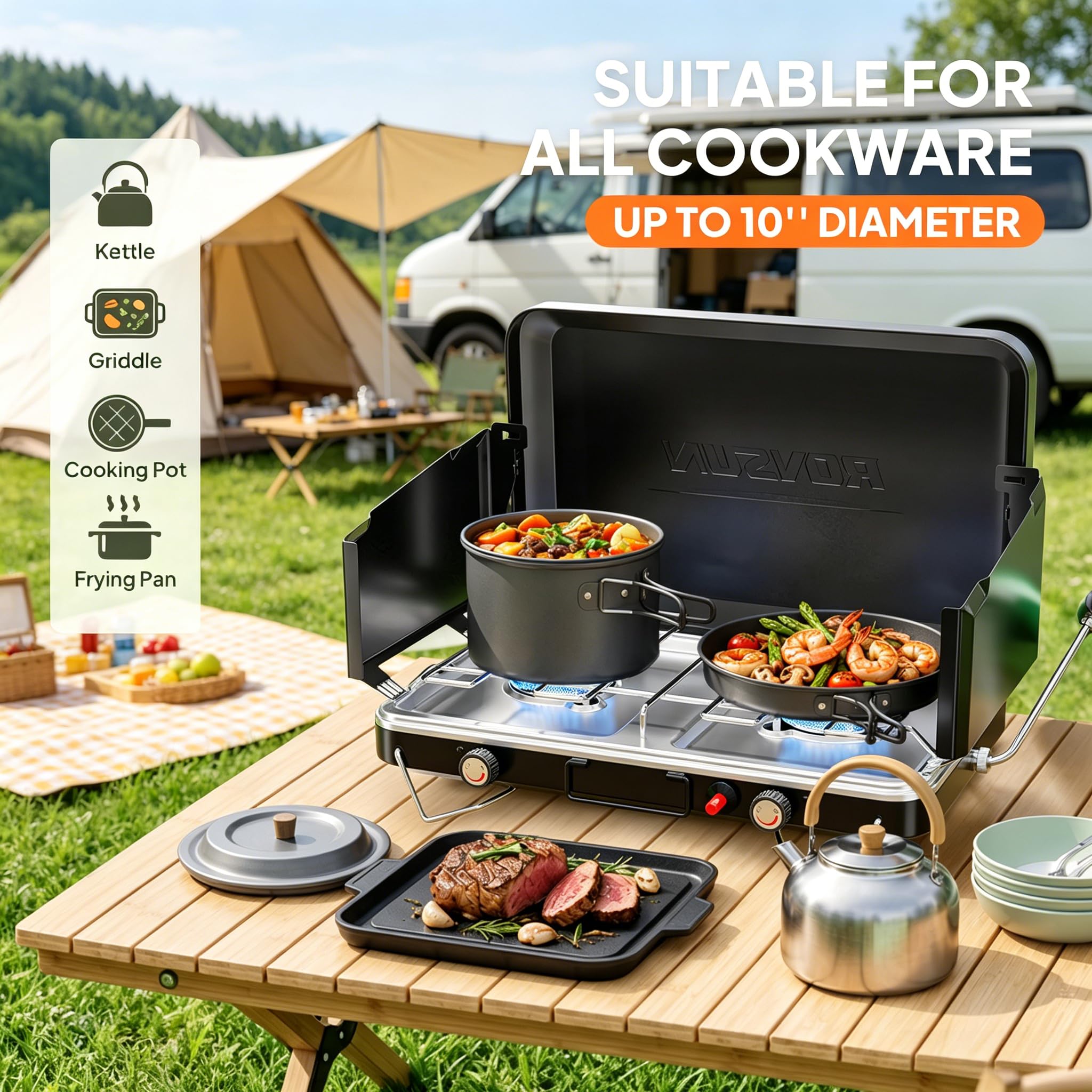 ROVSUN 2-Burner 20000 BTU Propane Camping Stove with Igniter