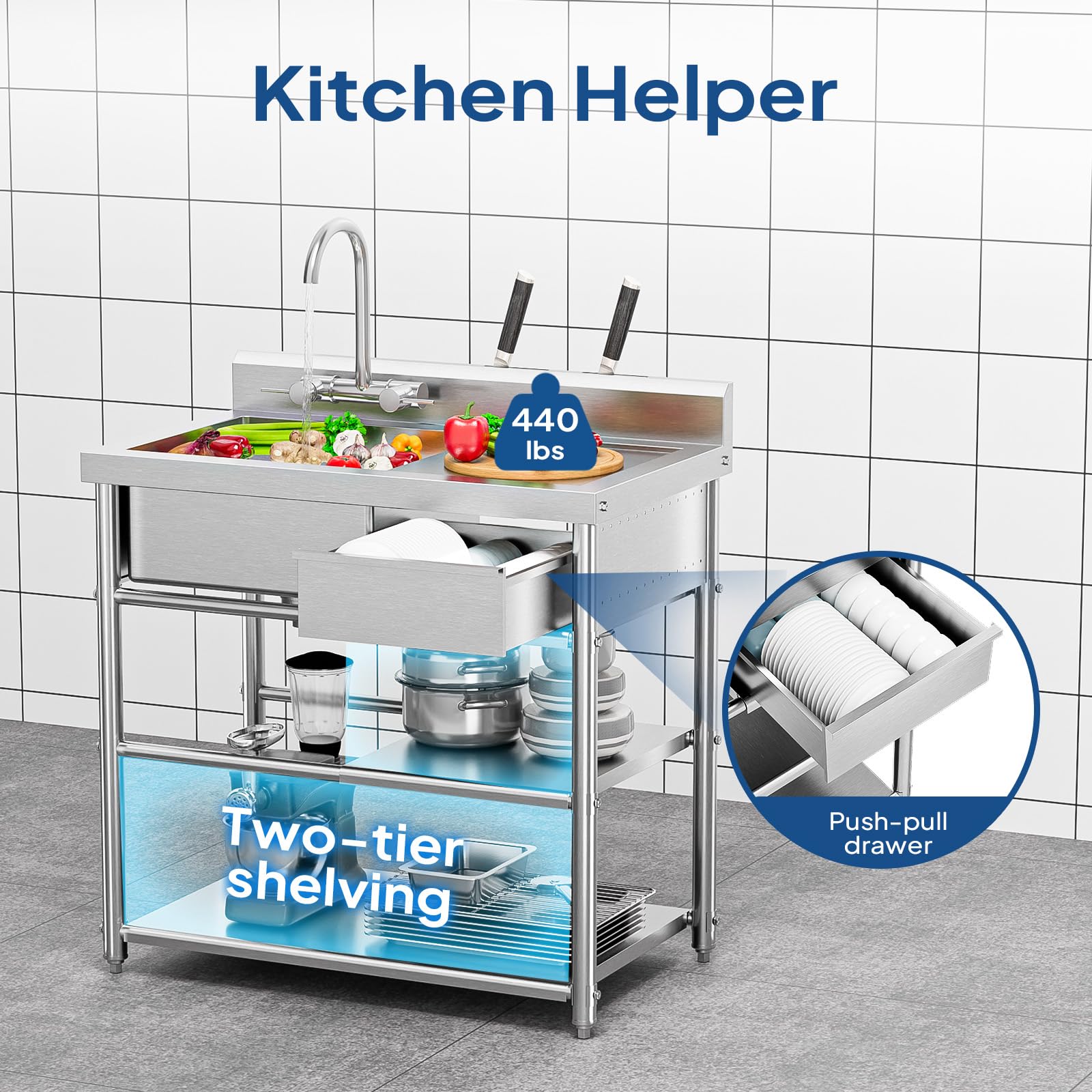 ROVSUN 36" x 21" 1 Compartment Stainless Steel Sink with Storage Drawer