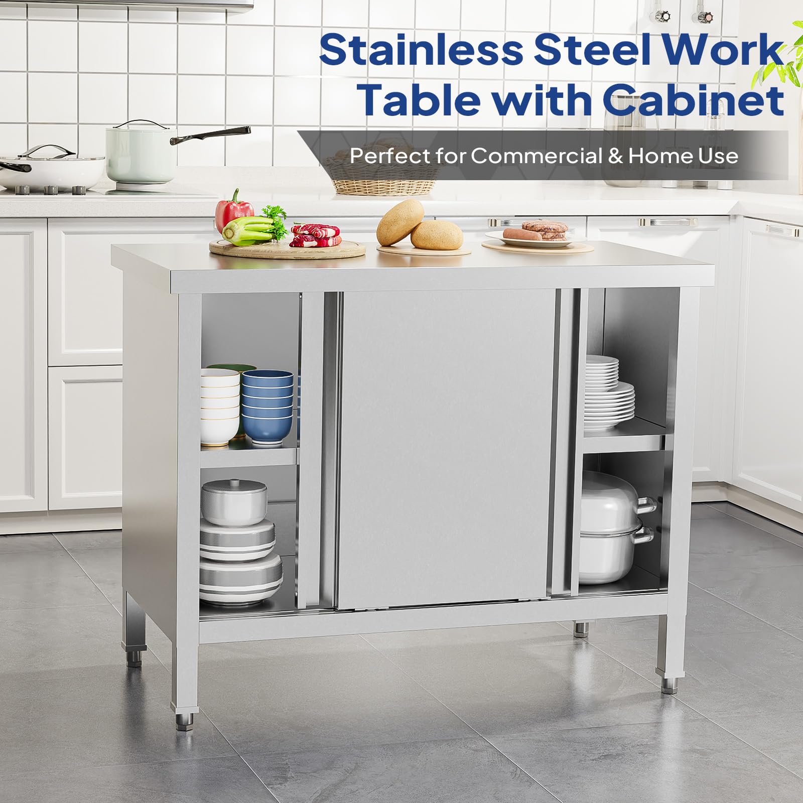 ROVSUN 39" x 19" Stainless Steel Table with Cabinet